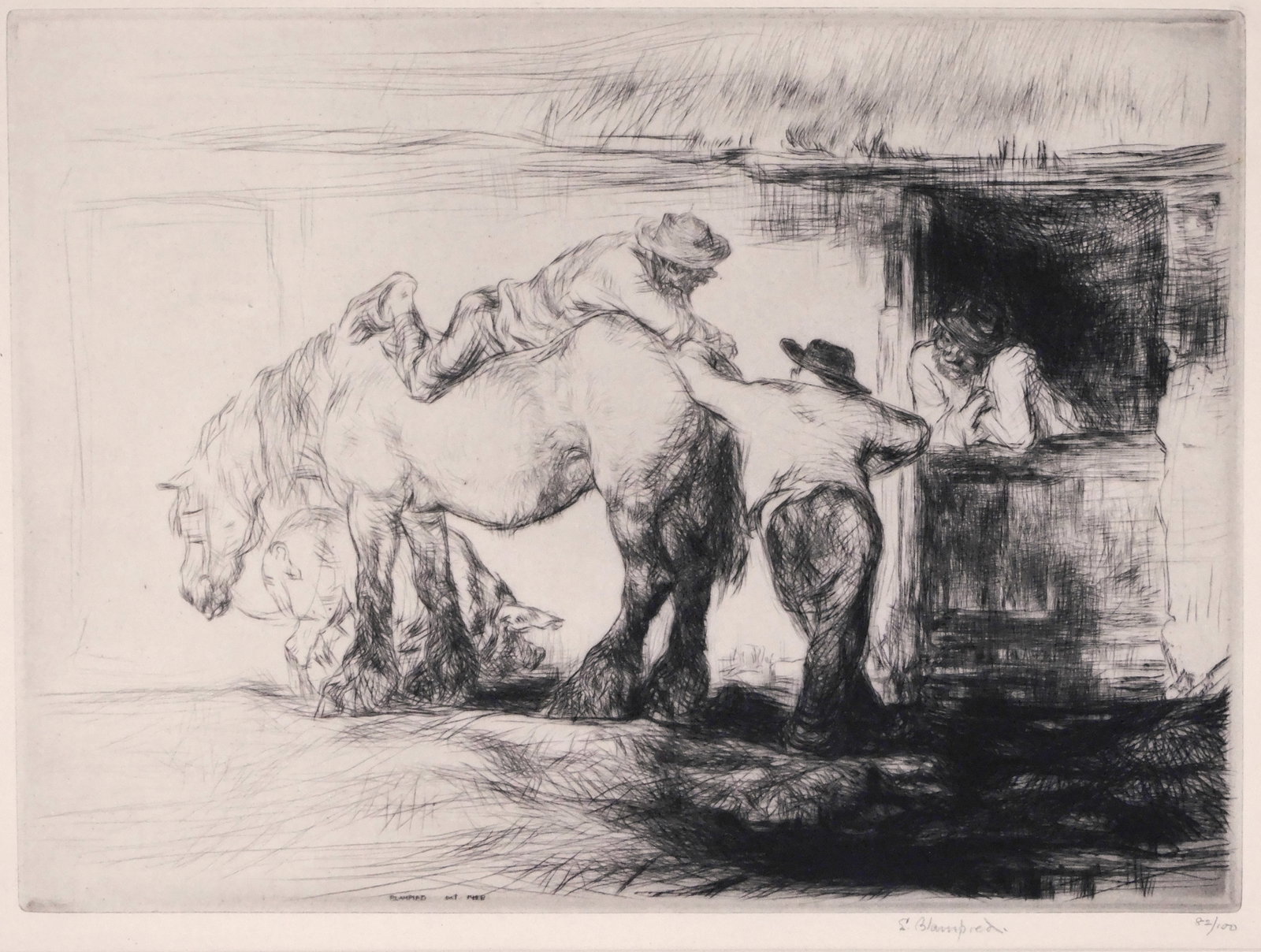 Edmund Blampied (British, 1886-1966), "Morning Gossip", c. 1928, etching, edition 82/100, man rests: Edmund Blampied (British, 1886-1966), "Morning Gossip", c. 1928, etching, edition 82/100, man rests while other reclines on back of horse, talking to man in stall, pig feeding, plate signed and dated 