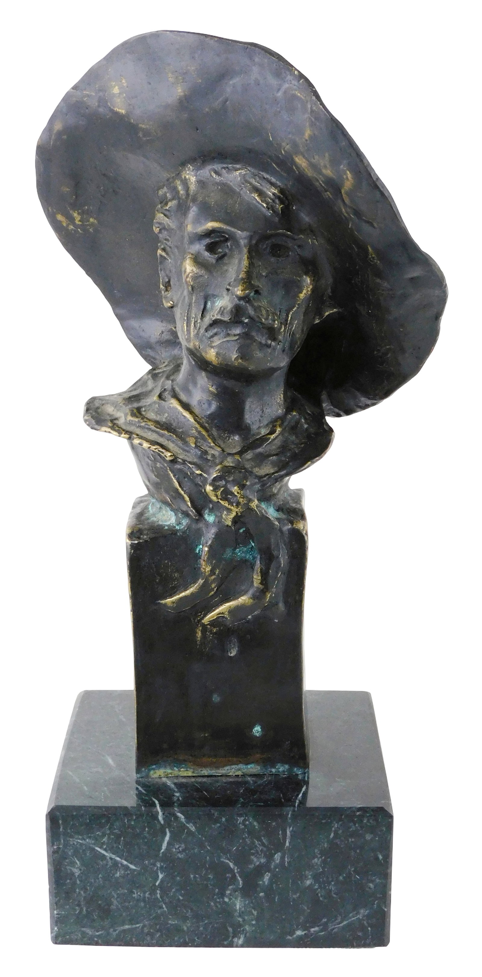 After Frederic Remington (American, 1861-1909), "The Sergeant", 20th C., bronze sculpture on marble: After Frederic Remington (American, 1861-1909), "The Sergeant", 20th C., bronze sculpture on marble base, bust of western soldier's head with large hat and handkerchief, mounted on green marble or mar