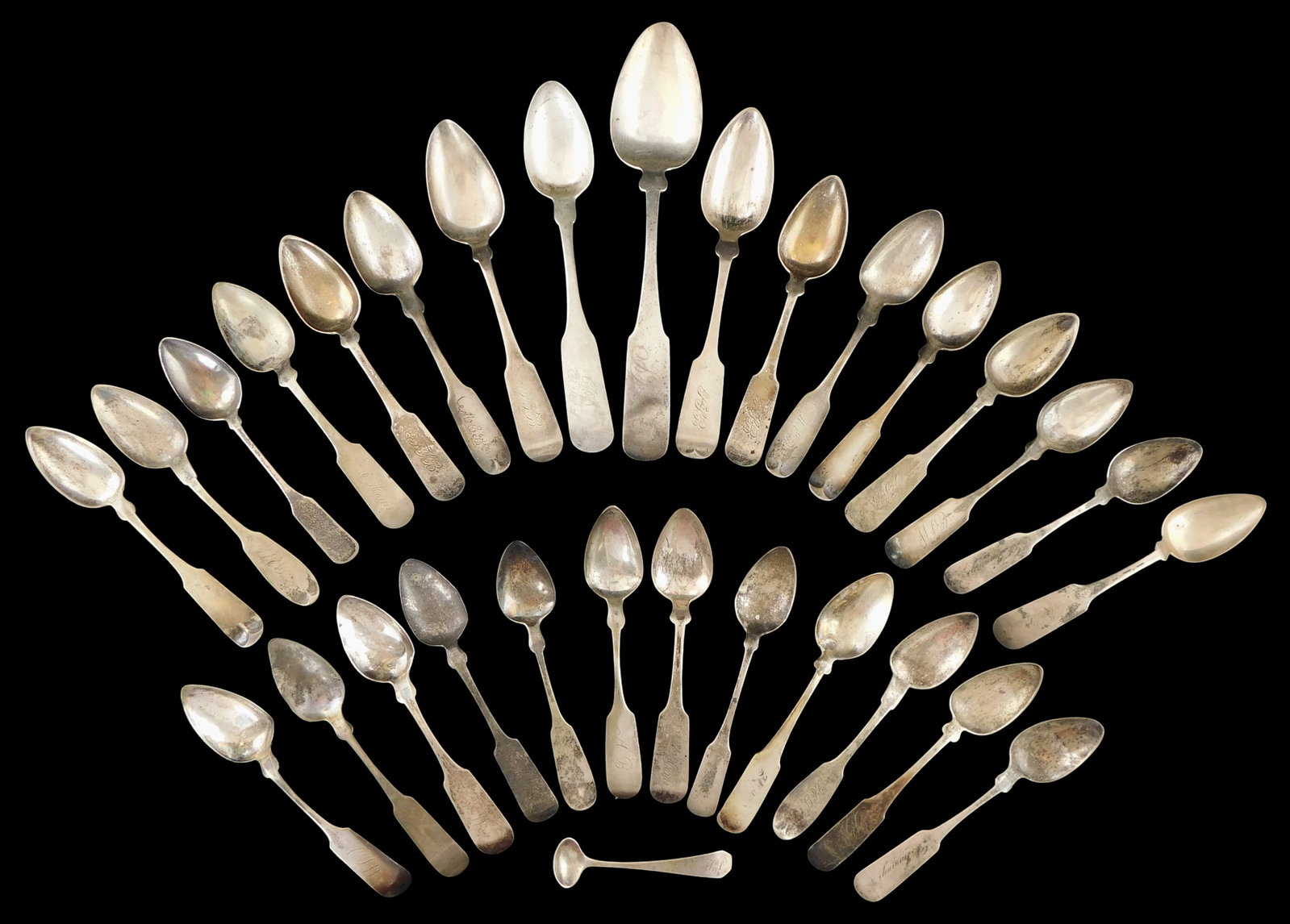SILVER: Assorted early coin silver spoons, thirty pieces, 18th-19th C., includes spoons from makers (1 of 2)