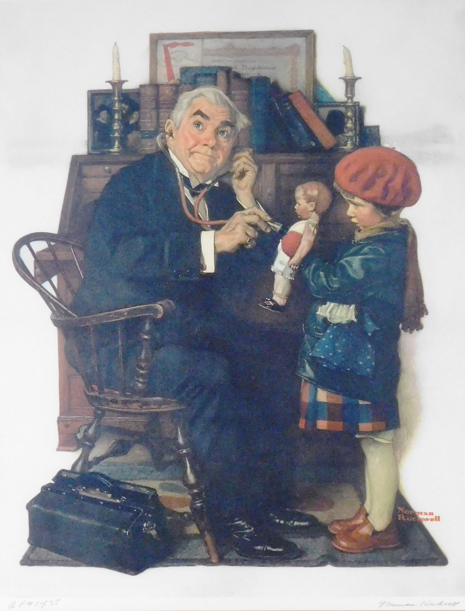 Norman Rockwell (American, 1894-1978), pencil signed 'Doctor and the Doll' collotype, 2nd half 20th: Norman Rockwell (American, 1894-1978), pencil signed 'Doctor and the Doll' collotype, 2nd half 20th C., limited edition "ap #1 of 35", color collotype on paper, image of older gentleman doctor pretend