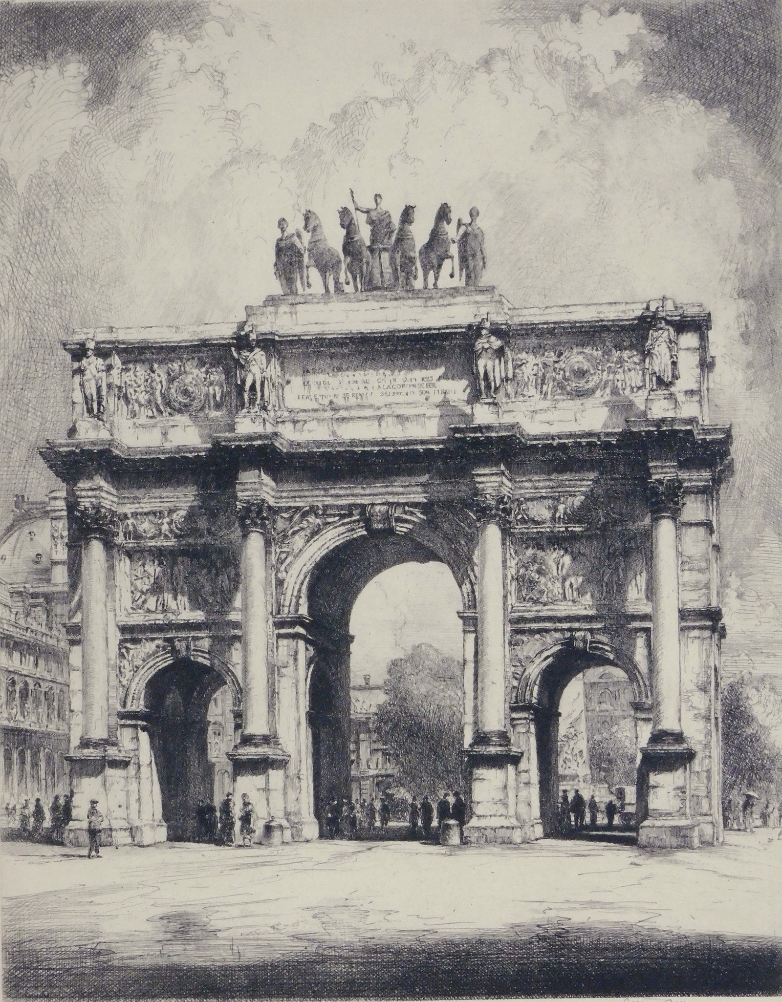 Louis Orr (Connecticut, 1879-1961), triumphal arch, first half 20th C., etching on paper, depiction: Louis Orr (Connecticut, 1879-1961), triumphal arch, first half 20th C., etching on paper, depiction of the 'Arch of Constantine' in Rome, many figures walking around or under arch, pencil signed lower