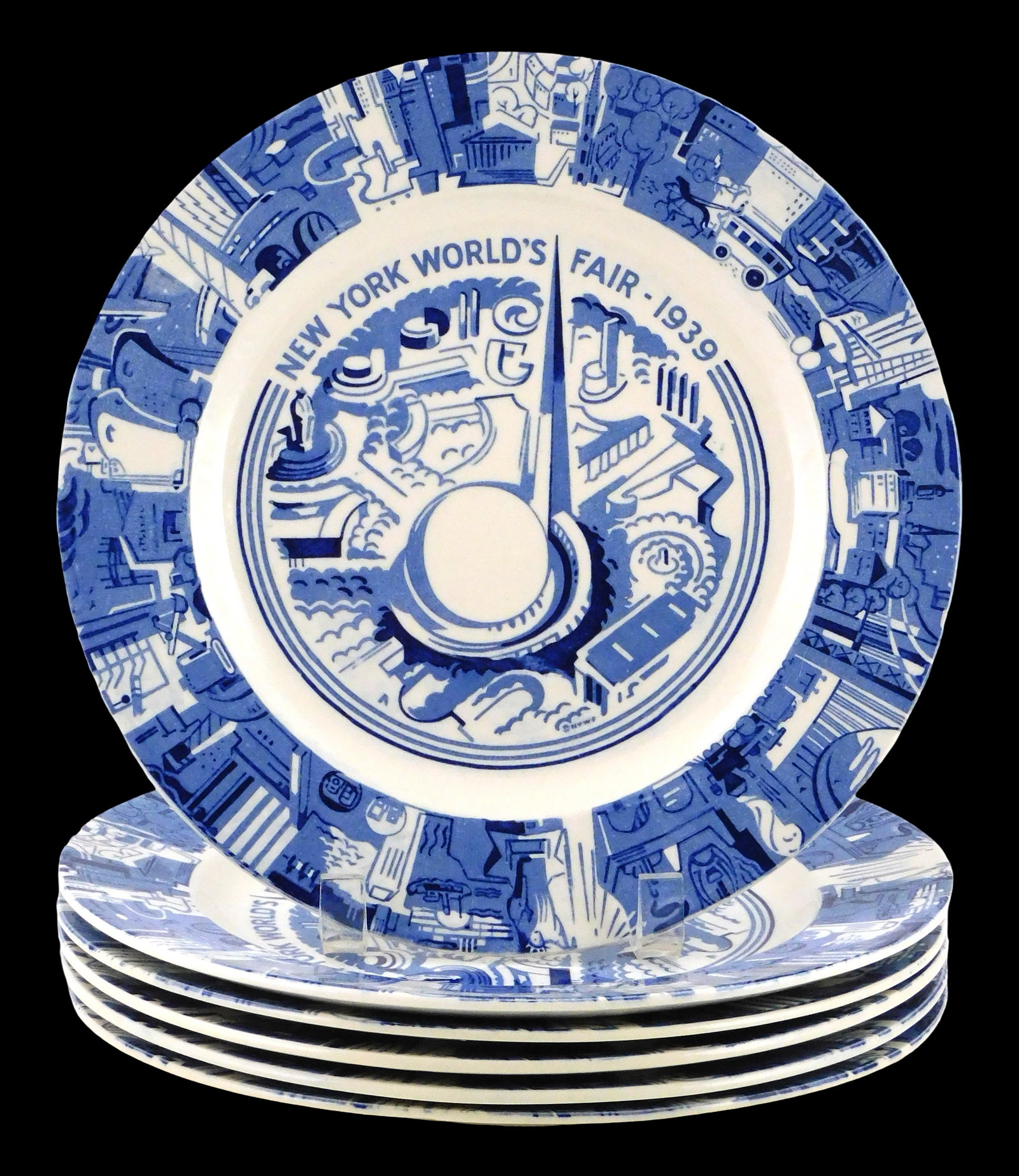 Six 1939 World's Fair blue and white transferware plates, made by Adams, England, retailed by (1 of 3)
