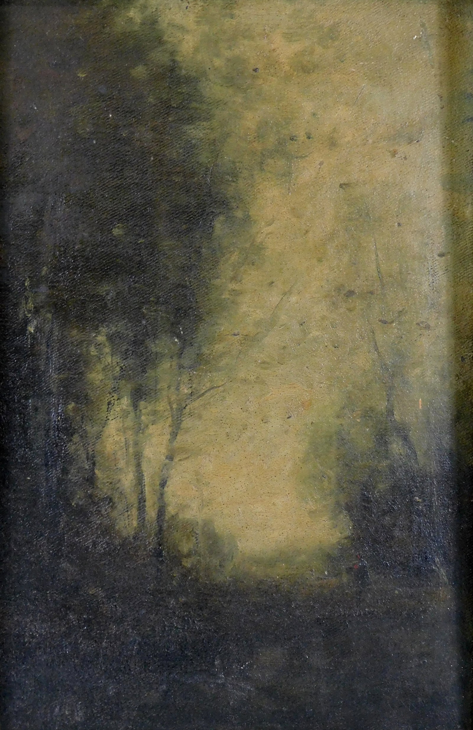 In the manner of Jean Baptist Camille Corot (French, 1796-1875), oil on canvas, light comes through: In the manner of Jean Baptist Camille Corot (French, 1796-1875), oil on canvas, light comes through a dark path in woods, dark muted palette, framed marked faintly in pencil verso likely "To Mr. J J W