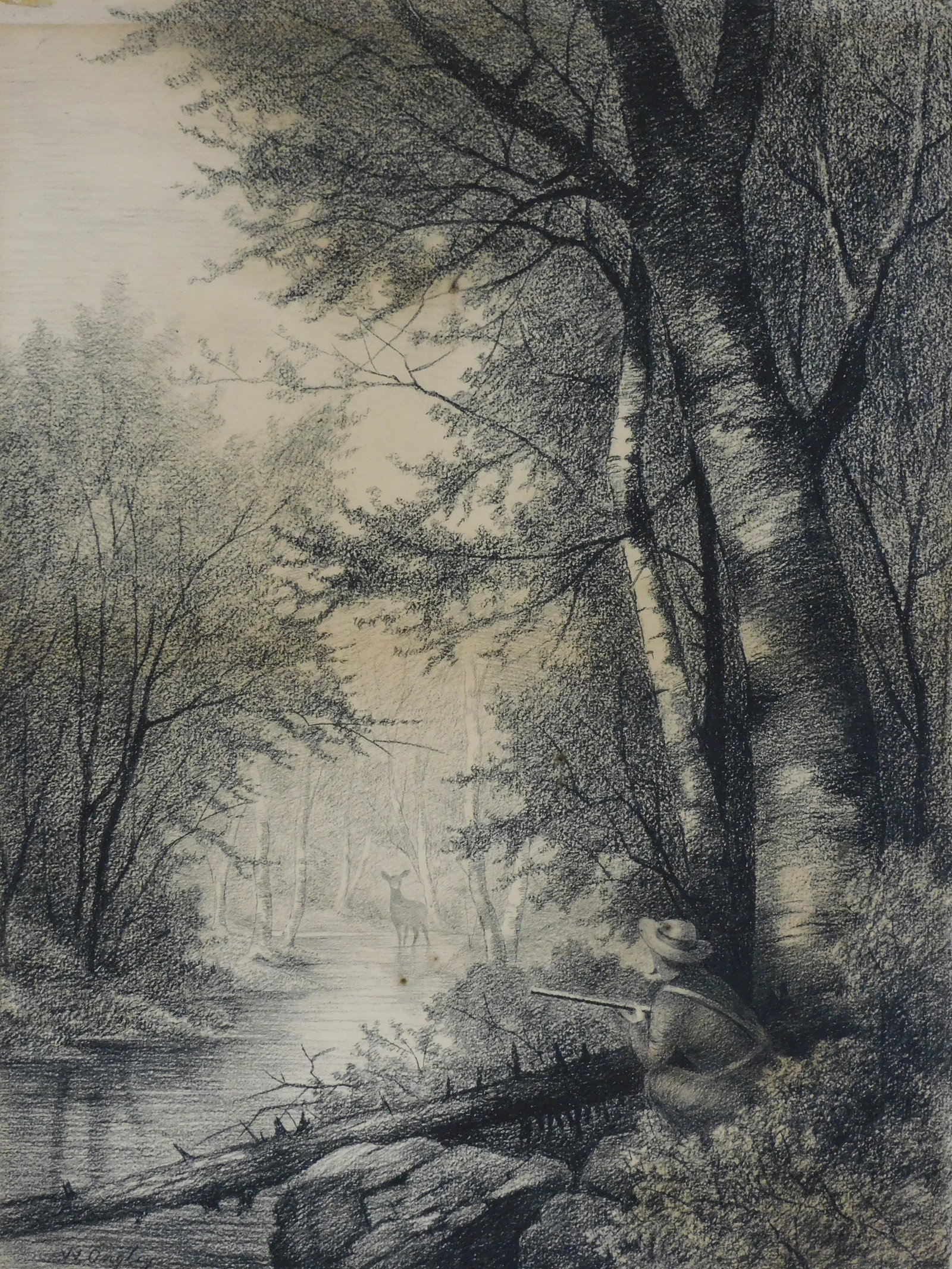William Ongley (New York, 1836-1890), deer hunt scene, 19th C., charcoal on paper, depiction of a: William Ongley (New York, 1836-1890), deer hunt scene, 19th C., charcoal on paper, depiction of a hunter crouched down behind fallen tree, deer in stream in distance, surrounded by trees and bushes, s