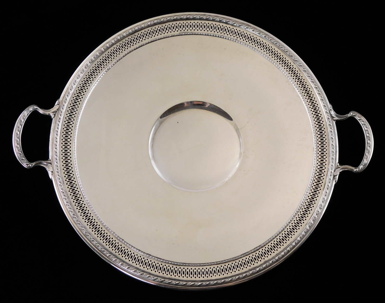 STERLING: Gorham serving dish on foot, flanking handles and reticulated border, slightly recessed: STERLING: Gorham serving dish on foot, flanking handles and reticulated border, slightly recessed center well, floral motif, hallmarks on reverse along with inscription "George C. Marshall, June 9, 19