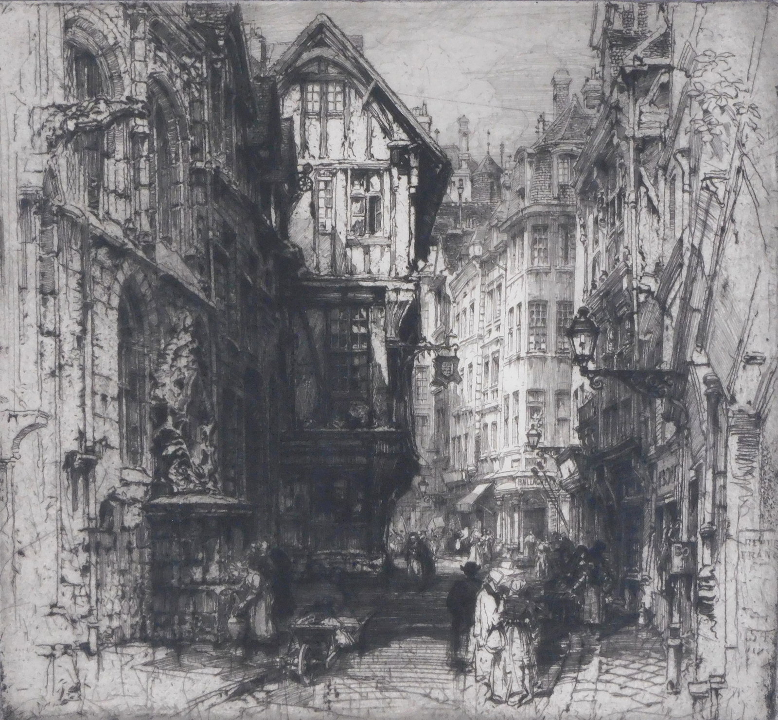 Hedley Fitton (English, 1859-1929), "Rue de Romaine, #2 Rouen", etching, late 19th- early 20th C., (1 of 5)