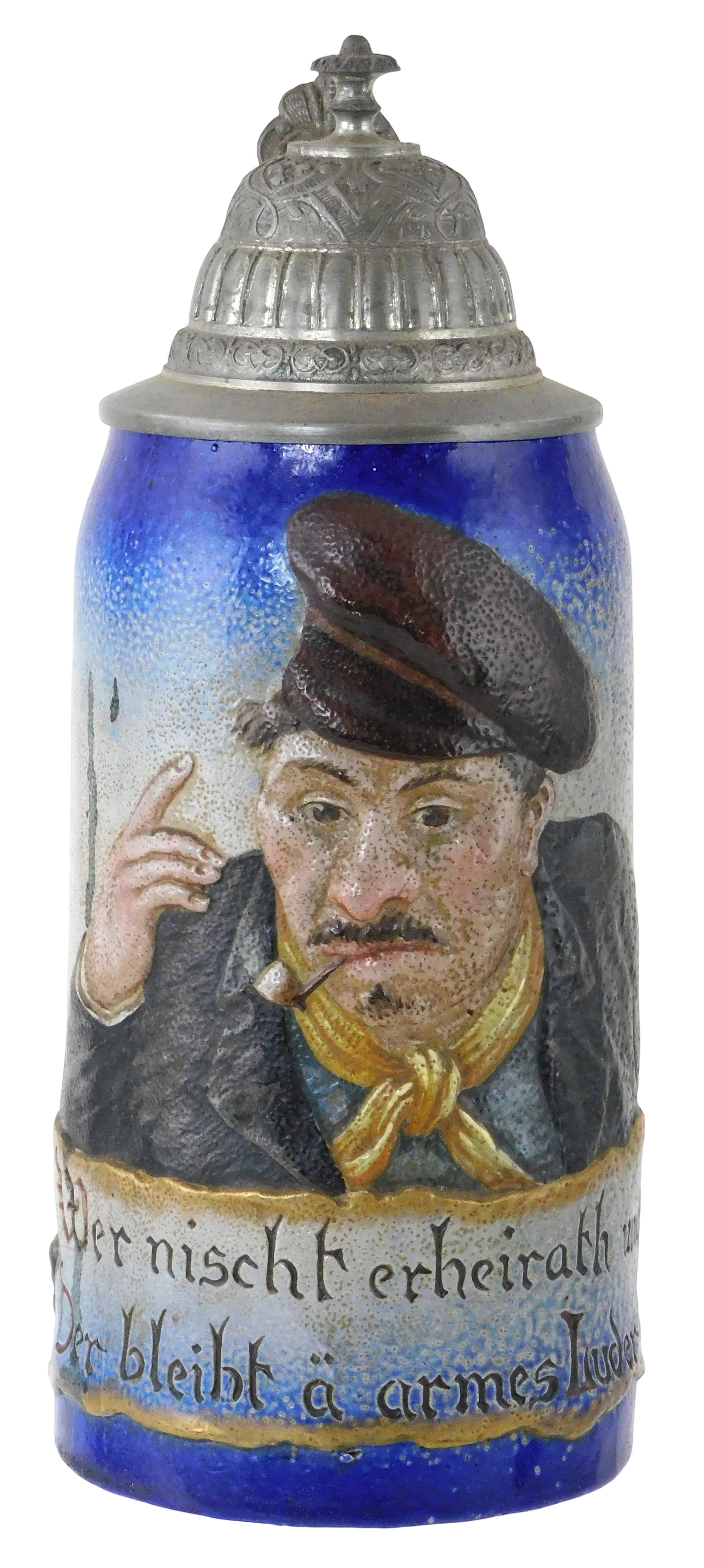 Sarreguemines stoneware relief one liter stein, late 19th- early 20th C., France, depiction of a man (1 of 6)