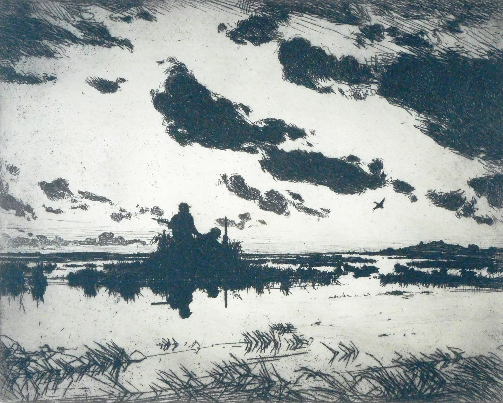 Frank W. Benson (American, 1862–1951), "The Gunners' Blind" etching, c. 1921, drypoint on: Frank W. Benson (American, 1862–1951), "The Gunners' Blind" etching, c. 1921, drypoint on paper, silhouettes of two men in marsh duck hunting, signed pencil lower right, old fragment of label wi