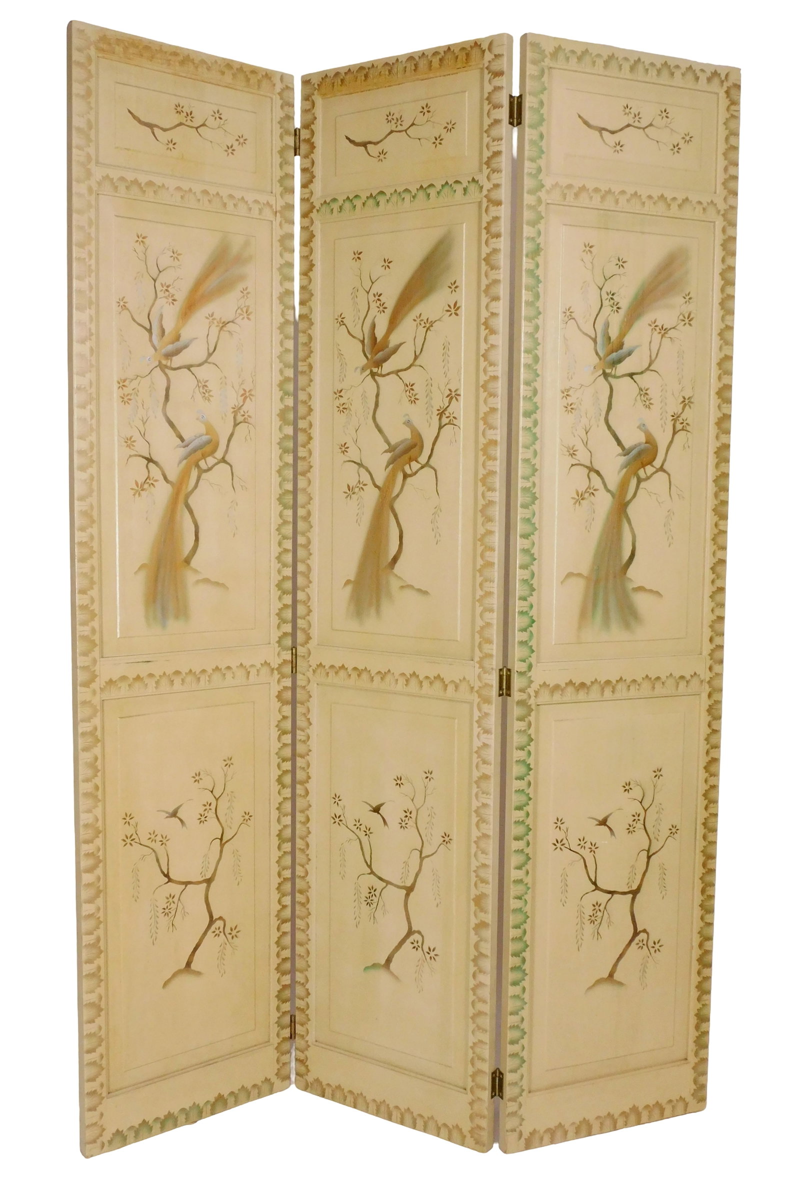 20th C. three-panel door with bird on branch design, wood three hinged screen or closet door, Asian: 20th C. three-panel door with bird on branch design, wood three hinged screen or closet door, Asian style design of birds perched on blossoming trees, leaf motifs, all on tan background, brass hinge h