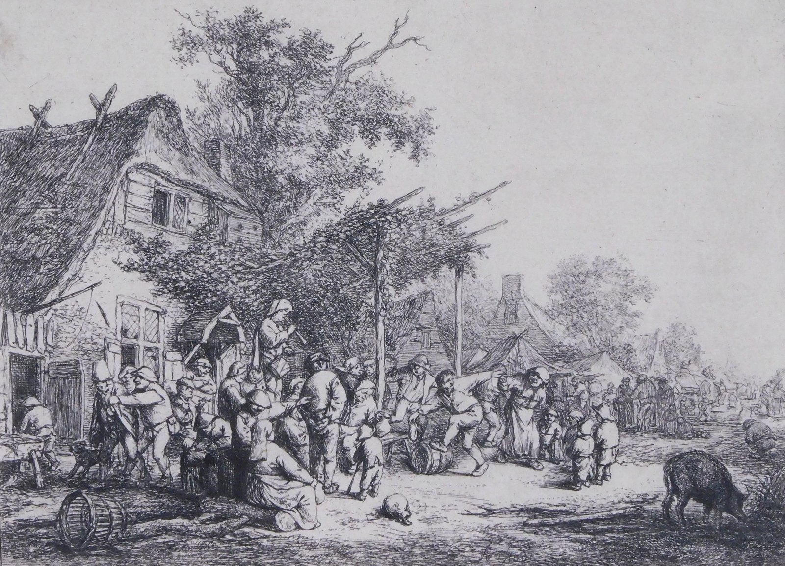 Adriaen van Ostade (Dutch, 1610-1685), "Dance Under the Trellis", 17th C., etching on paper,: Adriaen van Ostade (Dutch, 1610-1685), "Dance Under the Trellis", 17th C., etching on paper, depiction of townsfolk gathered for festivities, many dancing and celebrating in street in front of thatch 