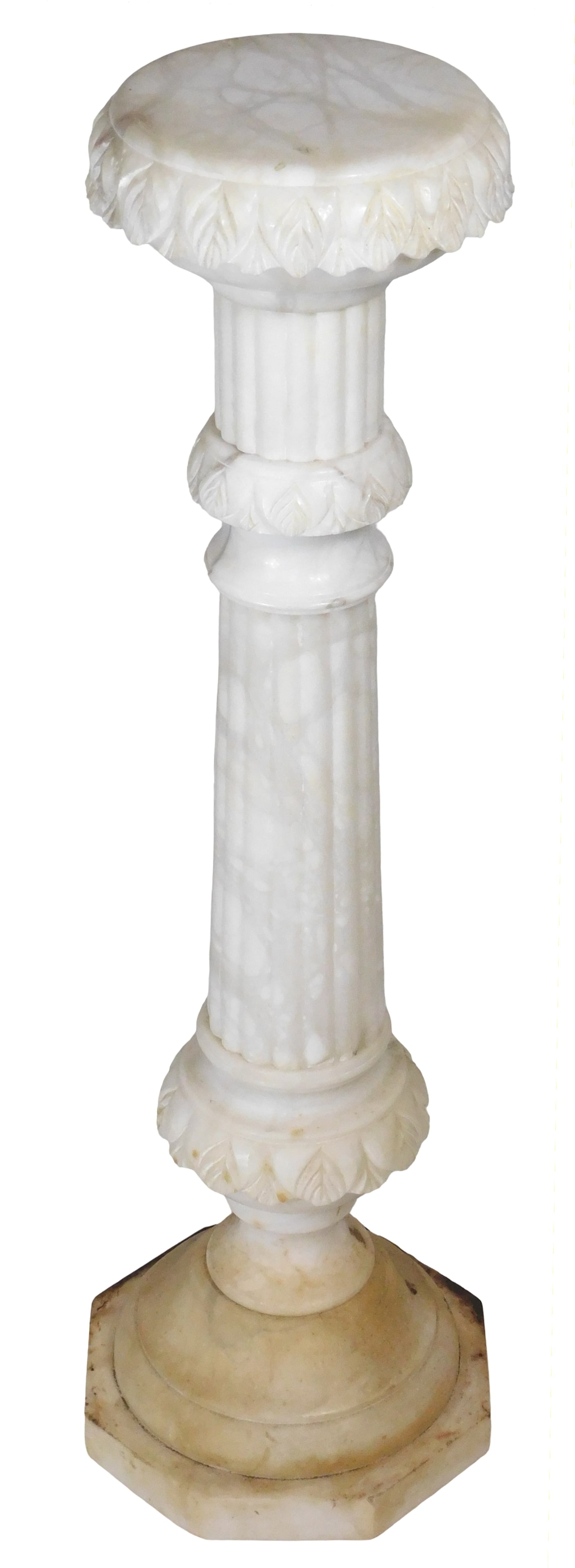 Carved alabaster pedestal, 20th C., round top with foliate carved edge, turned and reeded column, (1 of 4)