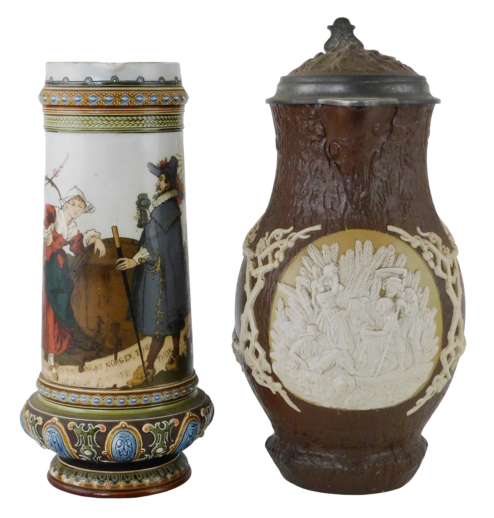 Two Villeroy and Boch Mettlach serving steins, late 19th C., Germany, both with makers mark to base, (1 of 7)