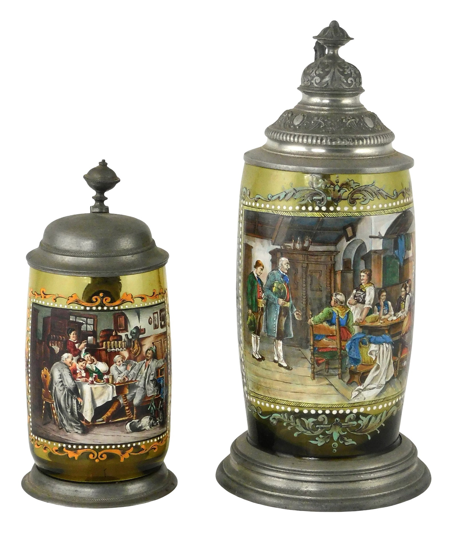 Two Bohemian enamel decorated amber glass steins, late 19th C., Germany, hand blown glass steins (1 of 4)