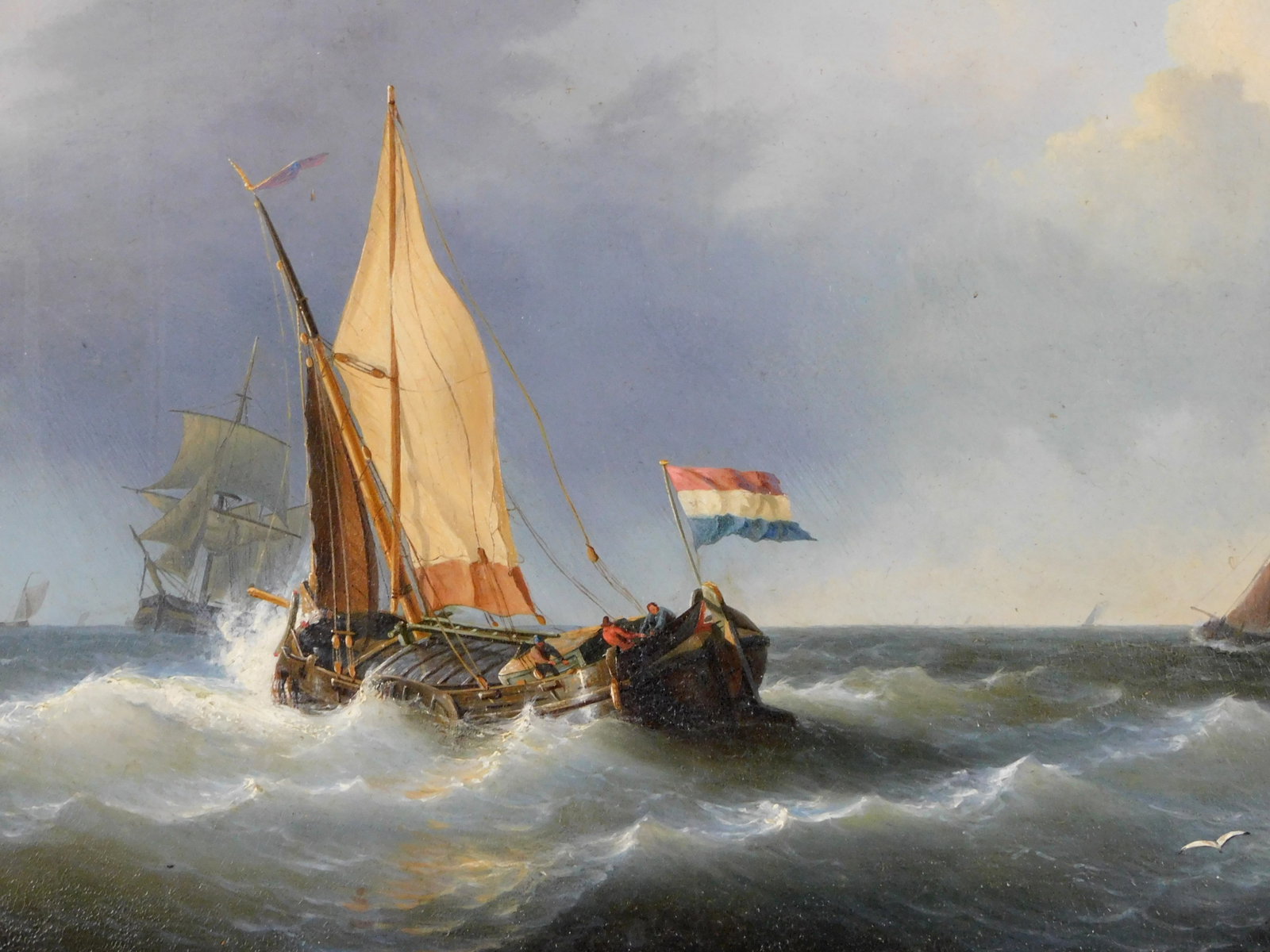 Gruijter (Gruyter), 19th C. or earlier, oil on panel, depicts small boats and schooners in stormy: Gruijter (Gruyter), 19th C. or earlier, oil on panel, depicts small boats and schooners in stormy weather, closest boat with Dutch flag, men steering boat through choppy waves, grey clouds above, sign
