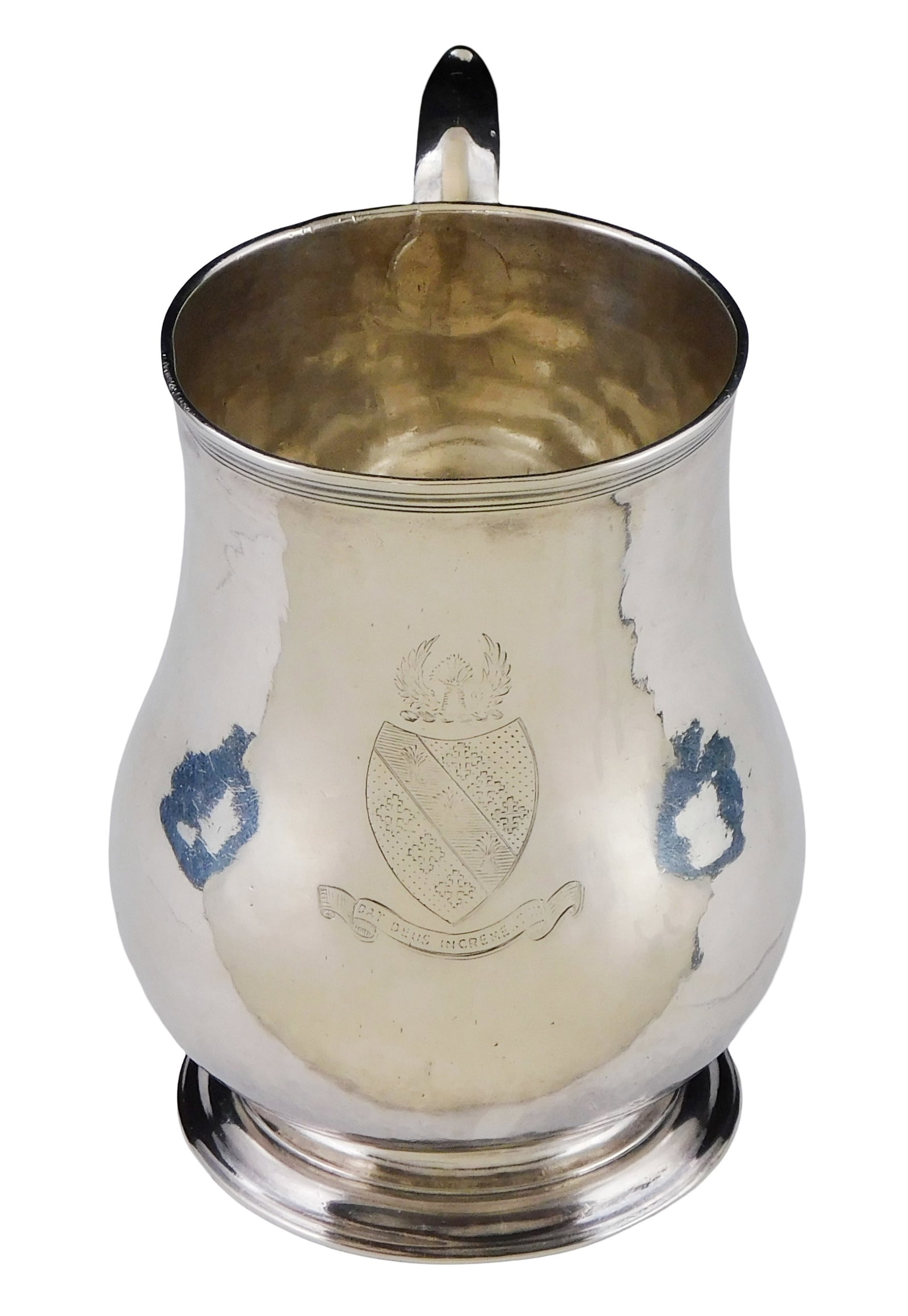 SILVER: Antique silver cann, pear form with rubbed/ indistinct hallmark near rim and handle, (1 of 5)