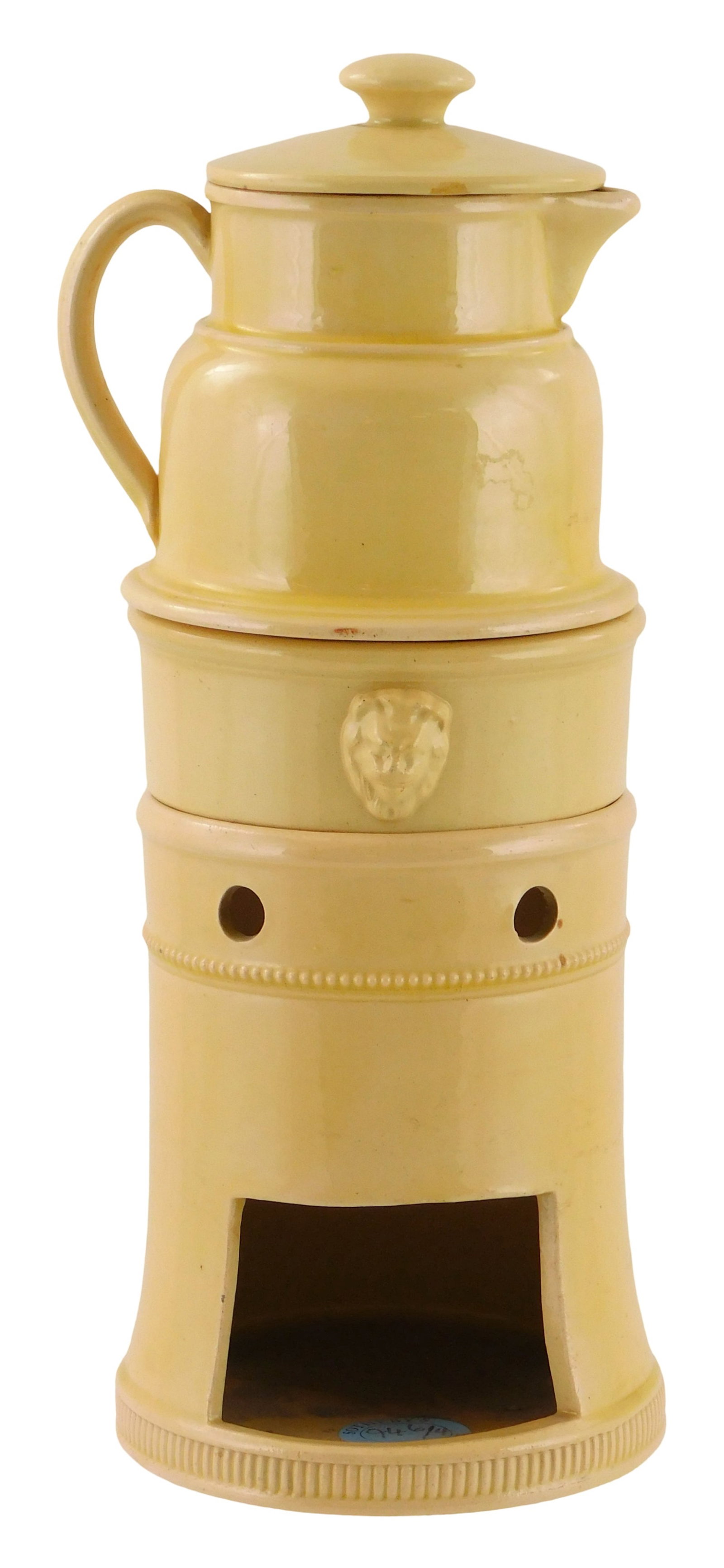 Yellowware villieuse teapot, with cover and warming stand, previously offered at Sotheby's, in three (1 of 4)