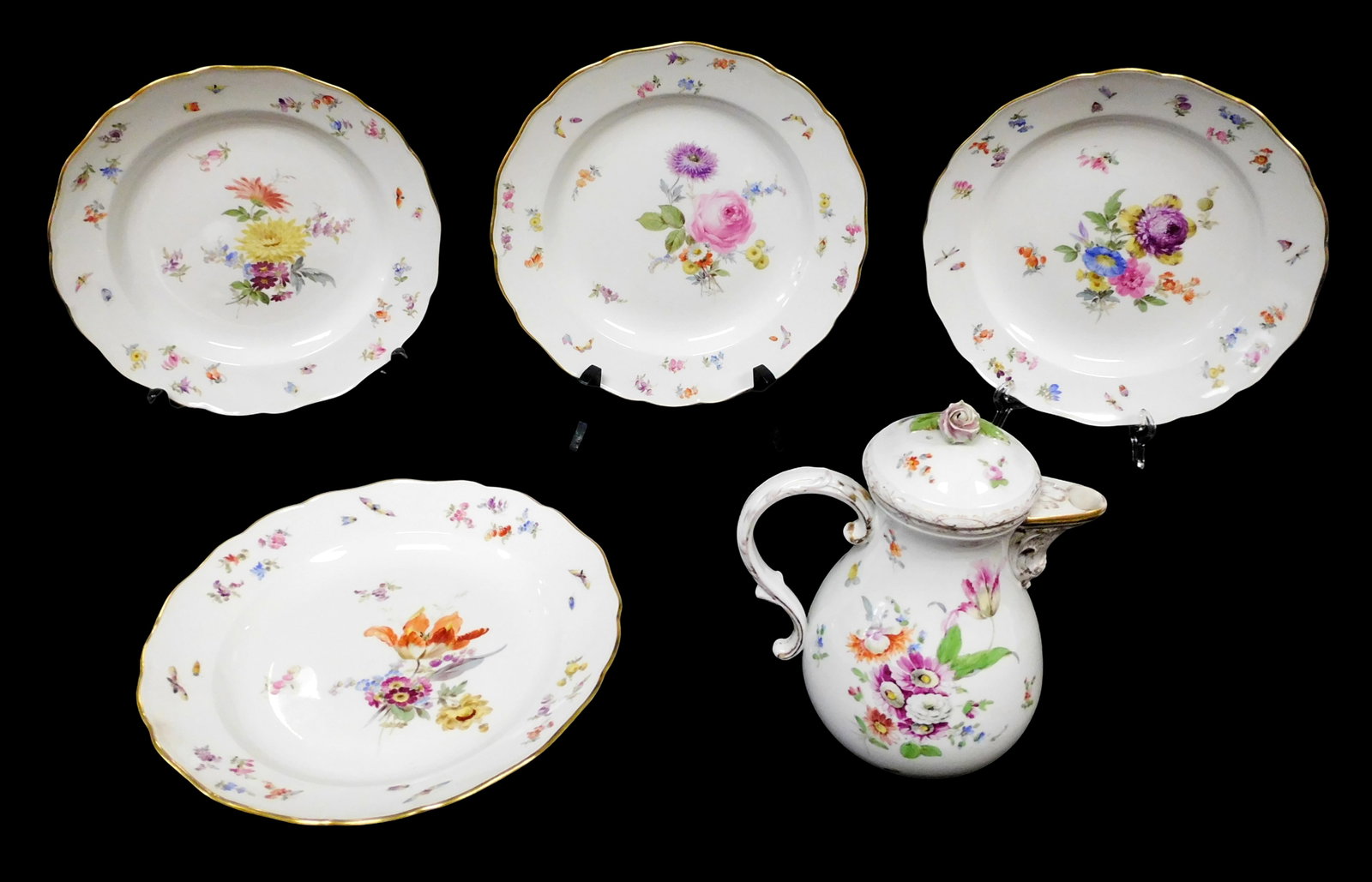 Meissen floral coffee pot and plates, five pieces, 19th C., Germany, all with crossed swords mark, (1 of 5)