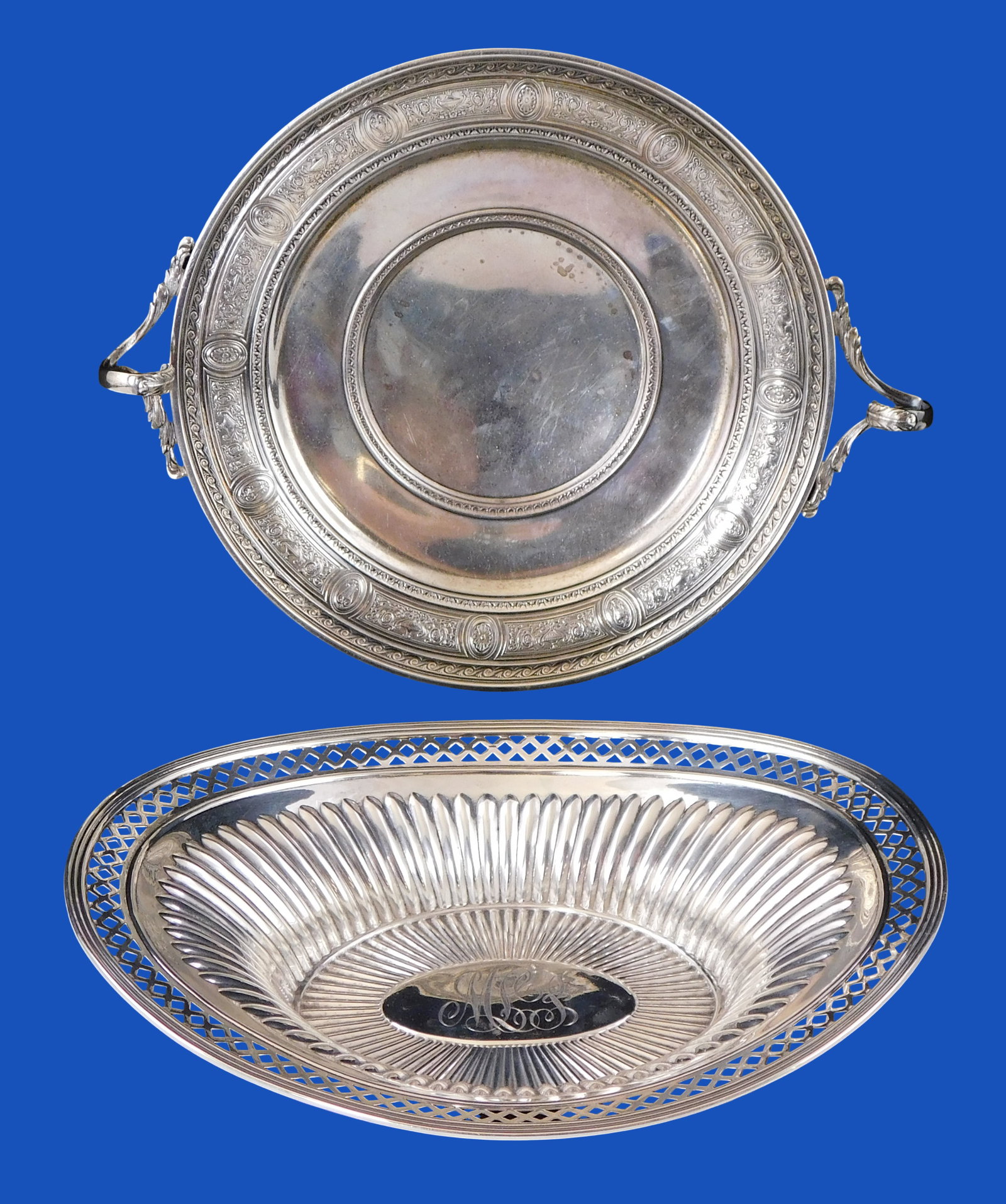 STERLING: Wedgwood, etc., two ornate small serving dishes, both stamped on reverse, details include: (1 of 6)