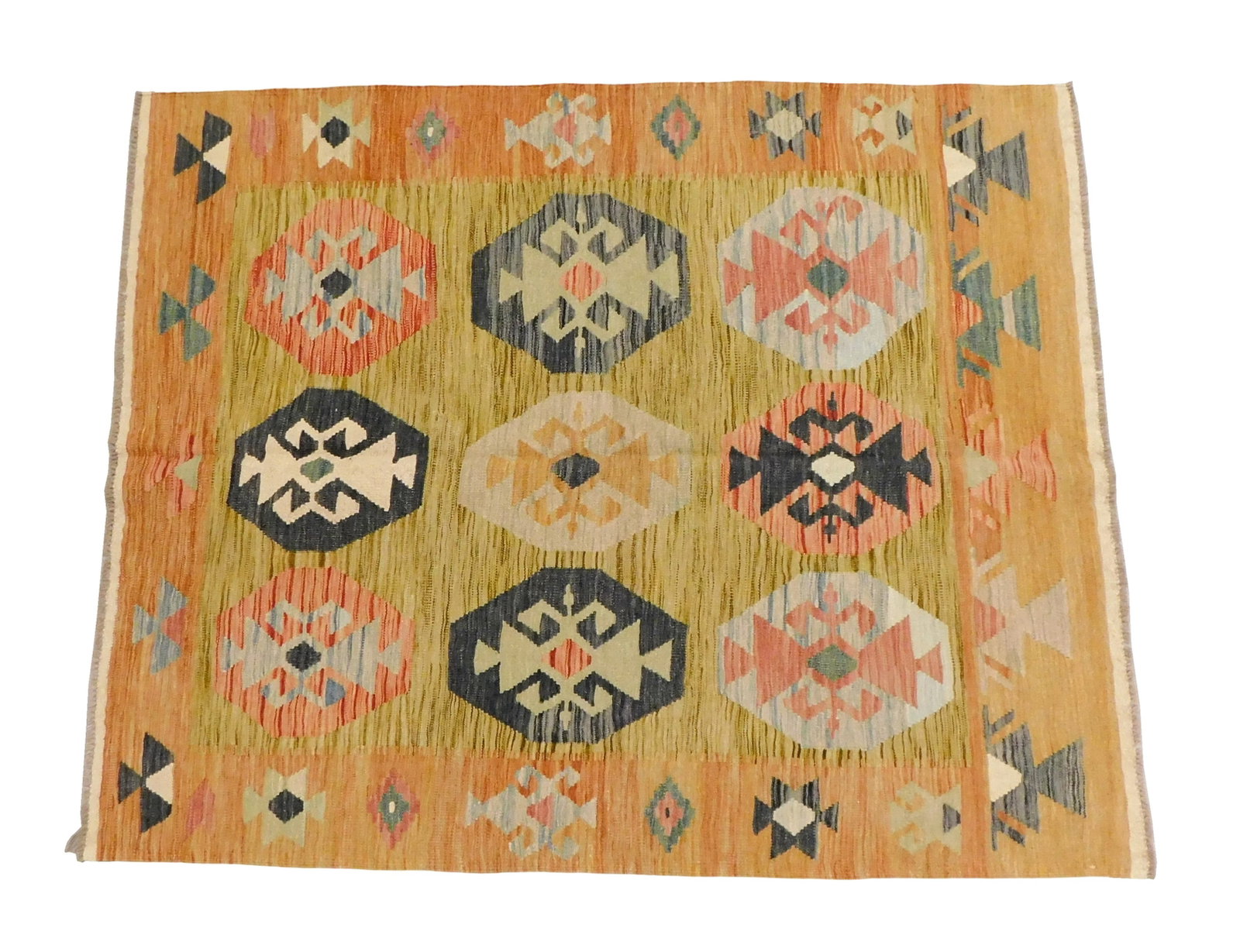 RUG: Turkish Kilim, 5' 2" x 6' 4", wool on wool, analogous tones of orange, green, navy, light blue, (1 of 2)