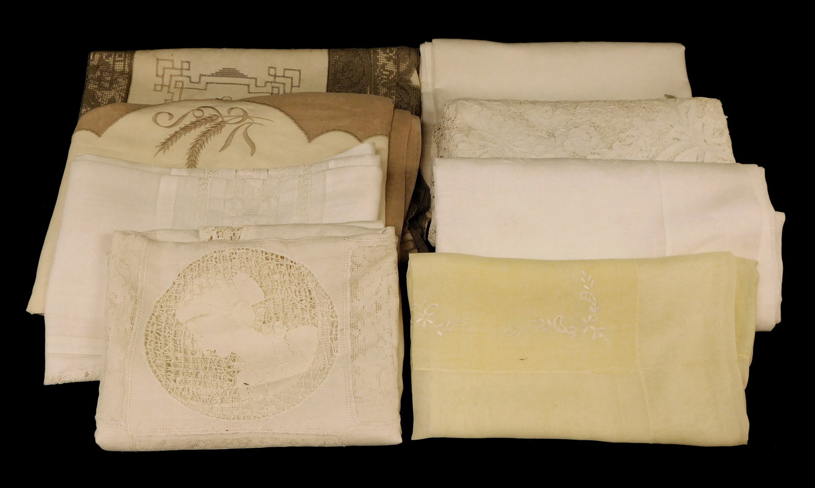 TEXTILES: Table linens with lace, embroidery, etc., eight pieces, several appear to be hand-worked, (1 of 4)