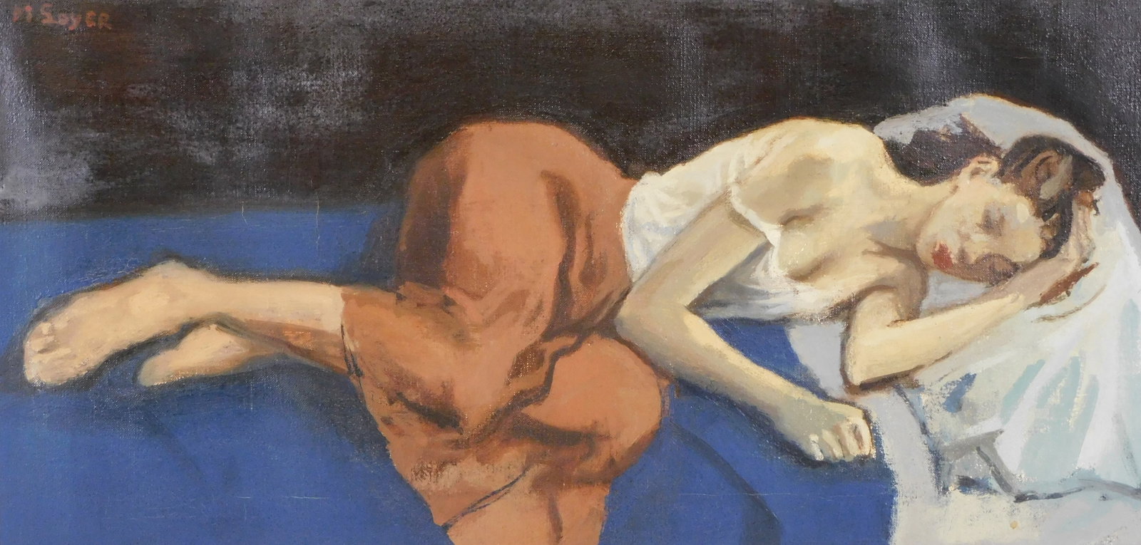 Moses Soyer (Russian-American, 1899-1974), "Untitled (Sleeping Woman)", oil on canvas, depicts woman (1 of 6)