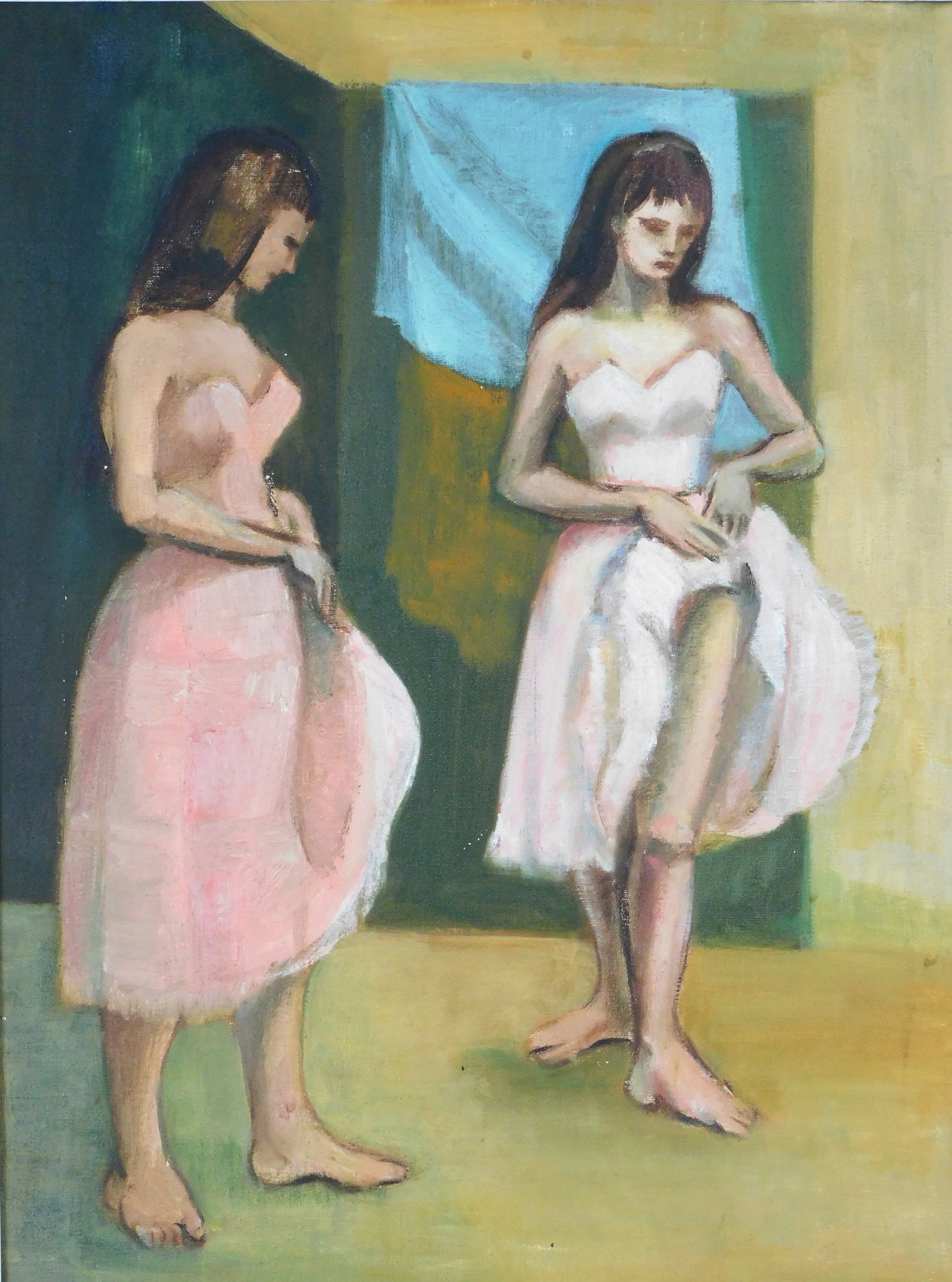In the manner of Moses Soyer (Russian-American, 1899-1974), "Untitled (Pink Ballerina)", oil on: In the manner of Moses Soyer (Russian-American, 1899-1974), "Untitled (Pink Ballerina)", oil on canvas, depicts standing dancer in pink dress reflected in mirror, unsigned, framed, condition consisten