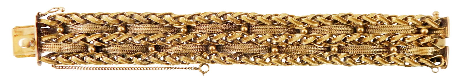 JEWELRY: Heaved braided 14K yellow gold bracelet, 7/8" wide band comprised of five varied strands: JEWELRY: Heaved braided 14K yellow gold bracelet, 7/8" wide band comprised of five varied strands and interspersed ball connectors, stamped on solid clasp and tested 14K yellow gold, with safety clasp
