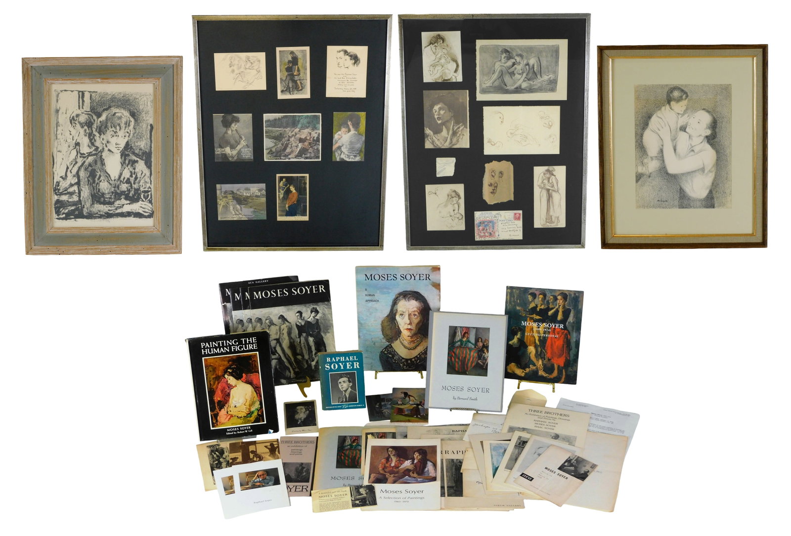 Moses Soyer ephemera, two framed collections of ephemera, and two framed prints, details include: (1 of 9)