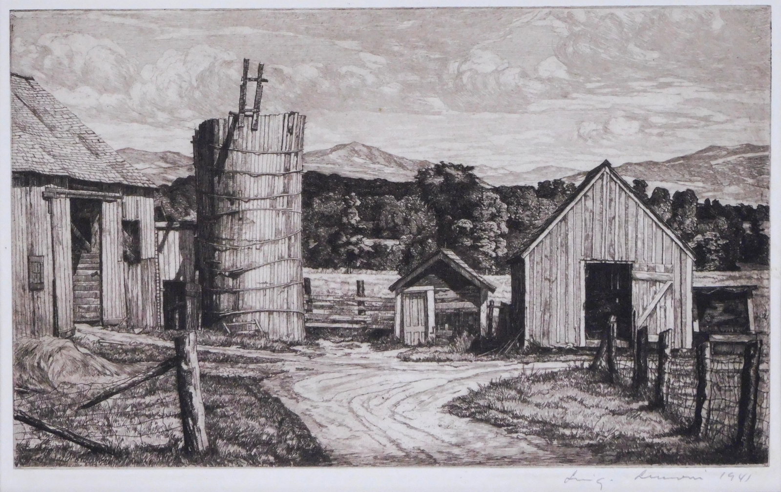Luigi Lucioni (Vermont, 1900-1988), "Restful Ruins", c. 1941, etching in brown ink, depiction of old (1 of 5)