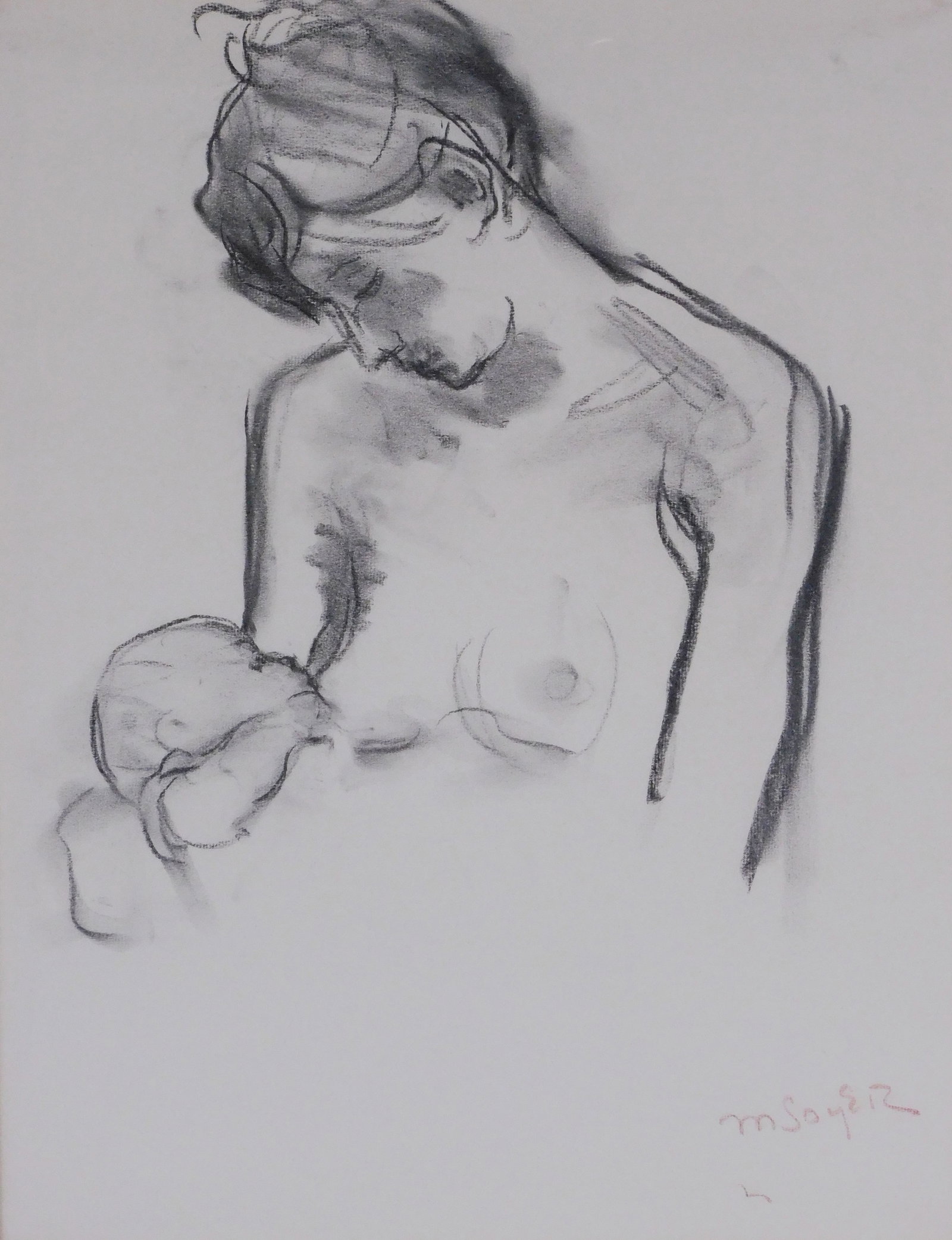 Moses Soyer (Russian-American, 1899-1974), "Untitled (Mother Feeding Child)", charcoal on paper, (1 of 4)