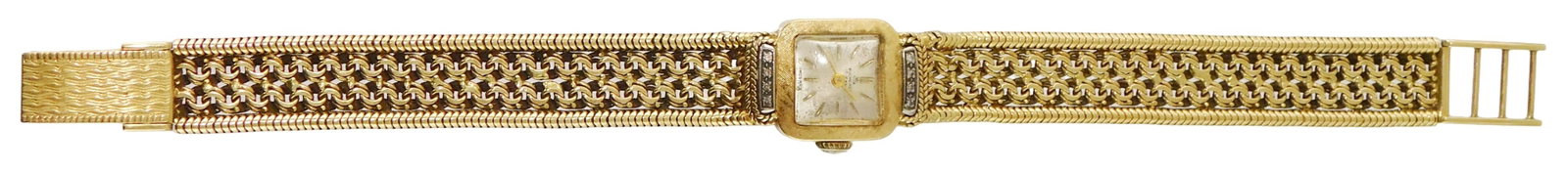 JEWELRY: 18K Woman’s Bucherer wristwatch, Swiss, rectangular case stamped and tested 18K: JEWELRY: 18K Woman’s Bucherer wristwatch, Swiss, rectangular case stamped and tested 18K yellow gold, stamped "1182", case set with eight small single cut diamonds [apx 0.06 ct. total], manual w