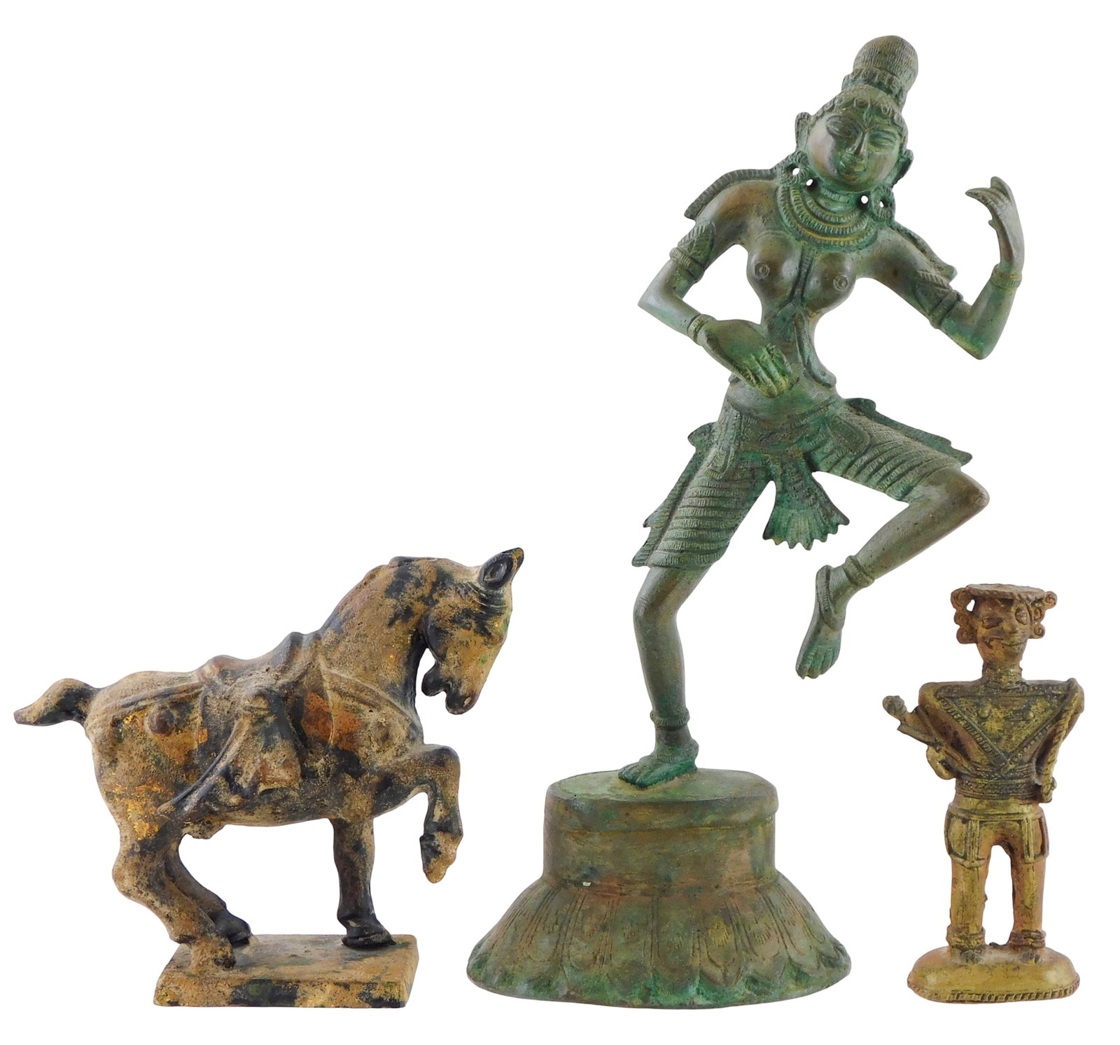ASIAN: Three 20th C. metal figures with patina: dancing Indian deity "Apsara", brass with green (1 of 2)