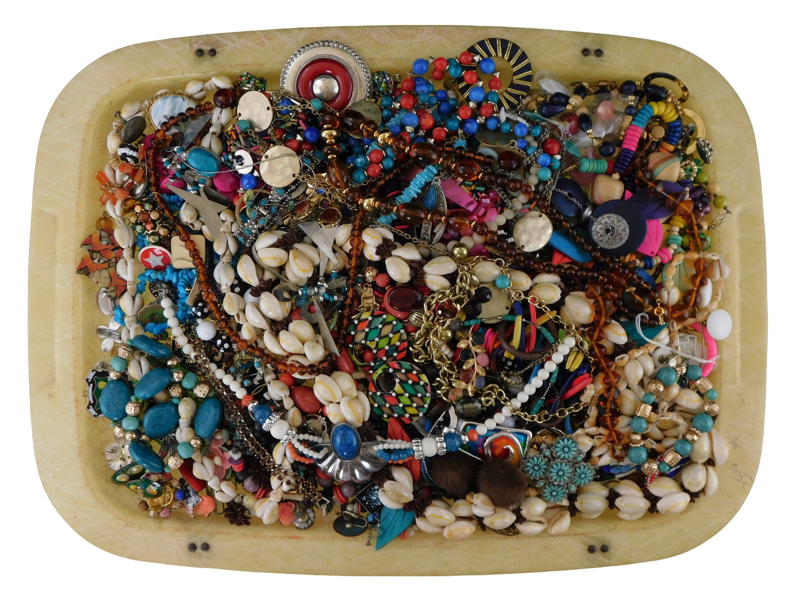 COSTUME JEWELRY: Weiss, Trifari, Carla, etc., 65+ pieces, many signed and/or with turquoise or amber: COSTUME JEWELRY: Weiss, Trifari, Carla, etc., 65+ pieces, many signed and/or with turquoise or amber colored stones, many with enamel decoration or shell components, items of interest include Trifari 