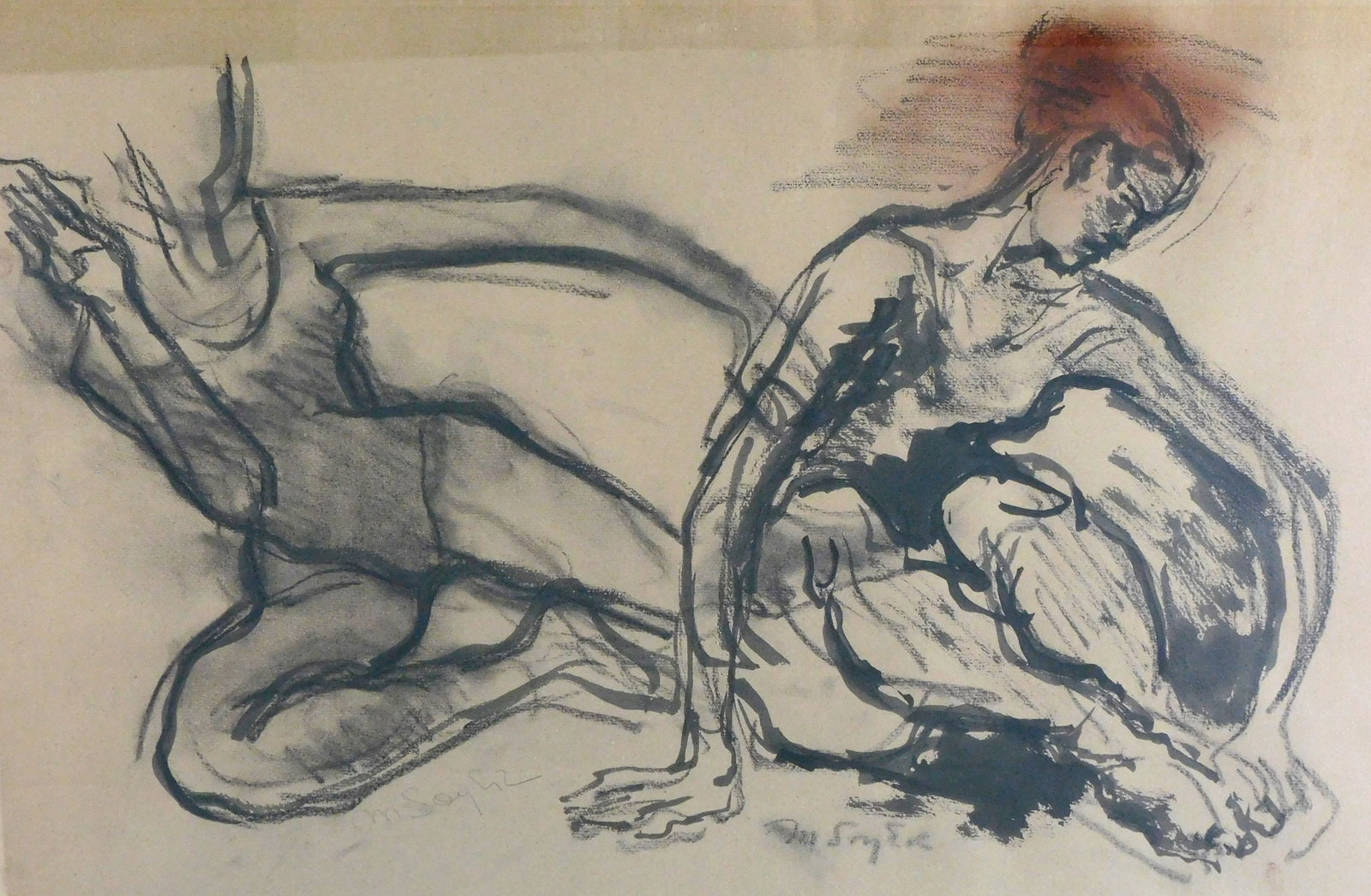 Moses Soyer (Russian-American, 1899-1974), "Untitled (Dancer Posed on Floor)", mixed media on grey (1 of 5)