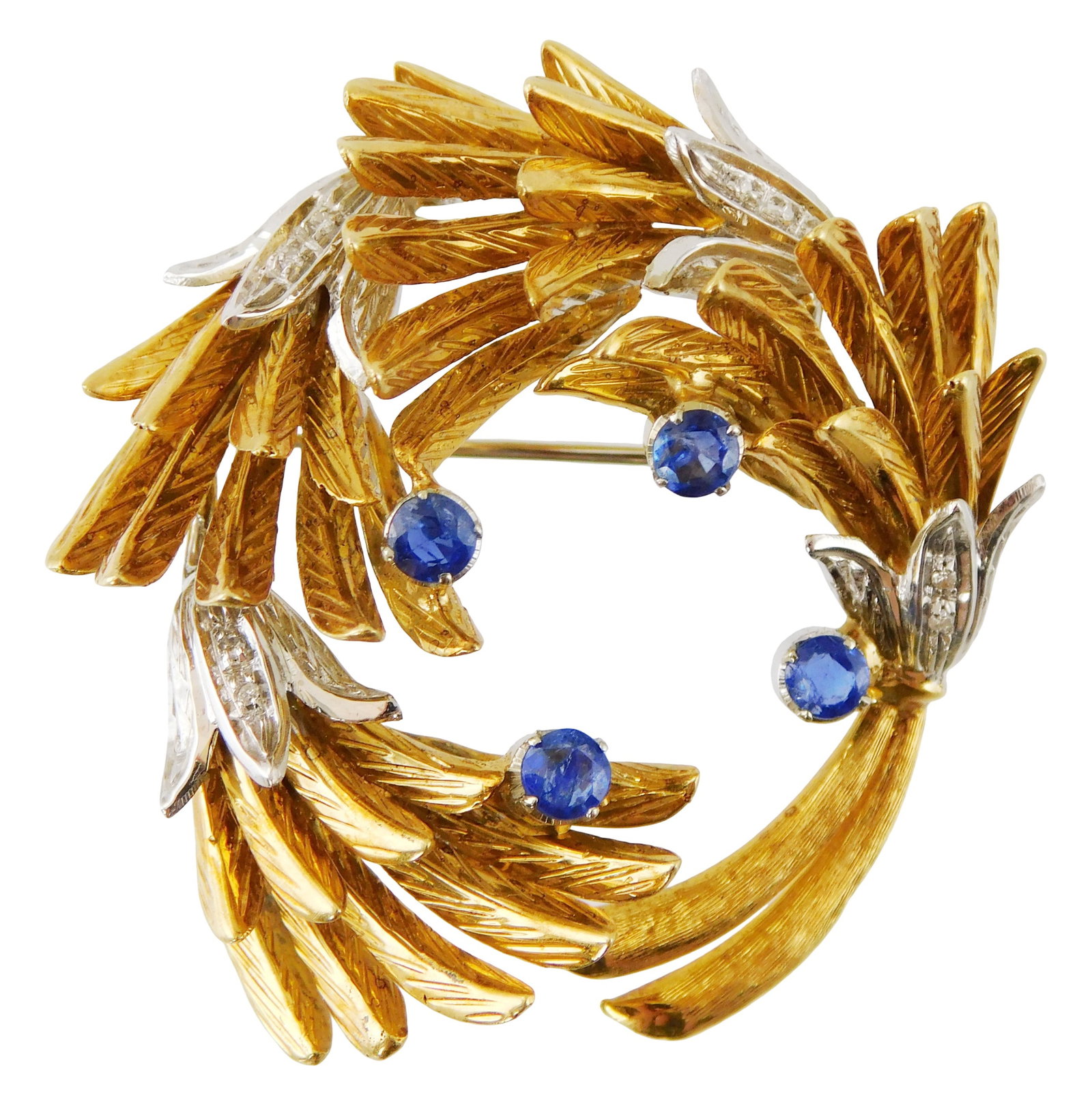 JEWELRY: 18K, diamond and sapphire circular spray / wreath brooch, Italy, stamped and tested 18K (1 of 3)