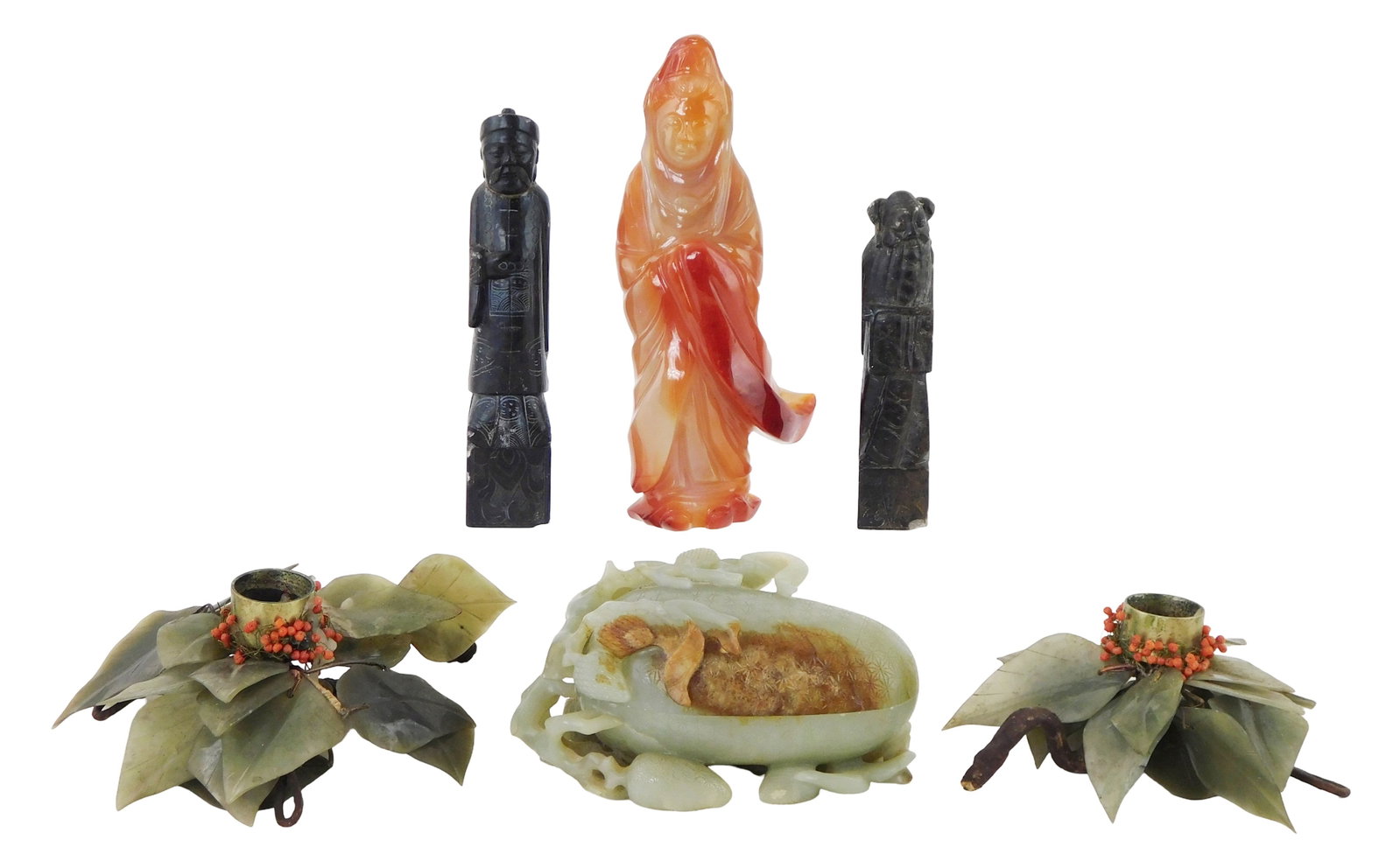 ASIAN: Carved hardstone, six pieces: russet jade/ agate type covered box, egg form with pierced: ASIAN: Carved hardstone, six pieces: russet jade/ agate type covered box, egg form with pierced fruiting vines, 4 1/2" l.; standing figure carved from carnelian colored stone with striations, chipped 
