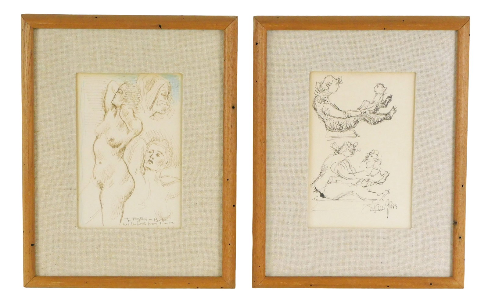Two ink drawings by Chaim Gross and Moses Soyer, both with figural subjects, signed and framed under (1 of 6)