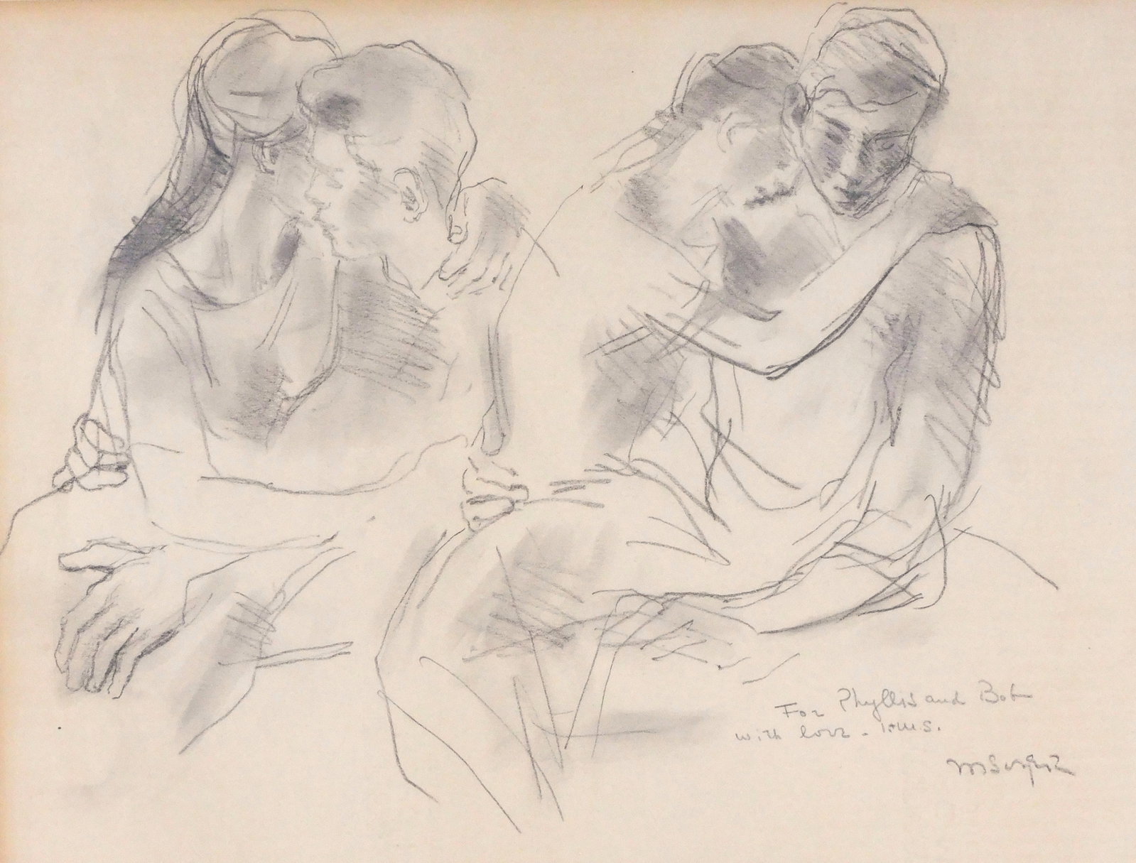 Moses Soyer (Russian-American, 1899-1974), "Untitled (Couple Embracing)", charcoal on paper, study (1 of 4)