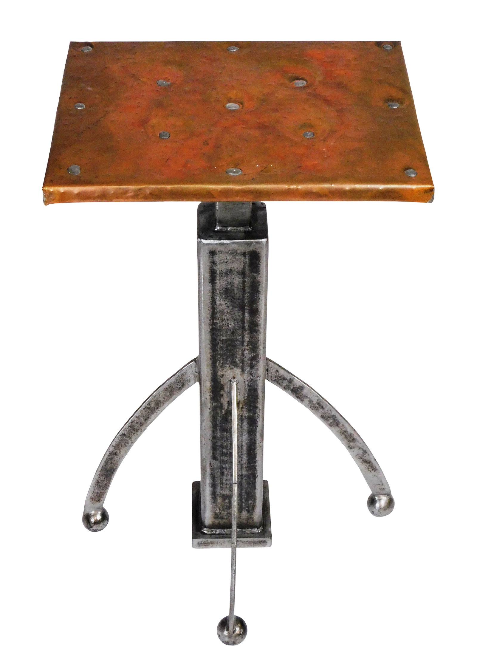 Contemporary hand-made metal stand, no signature viewed, rectangular wooden top with wrapped copper (1 of 2)