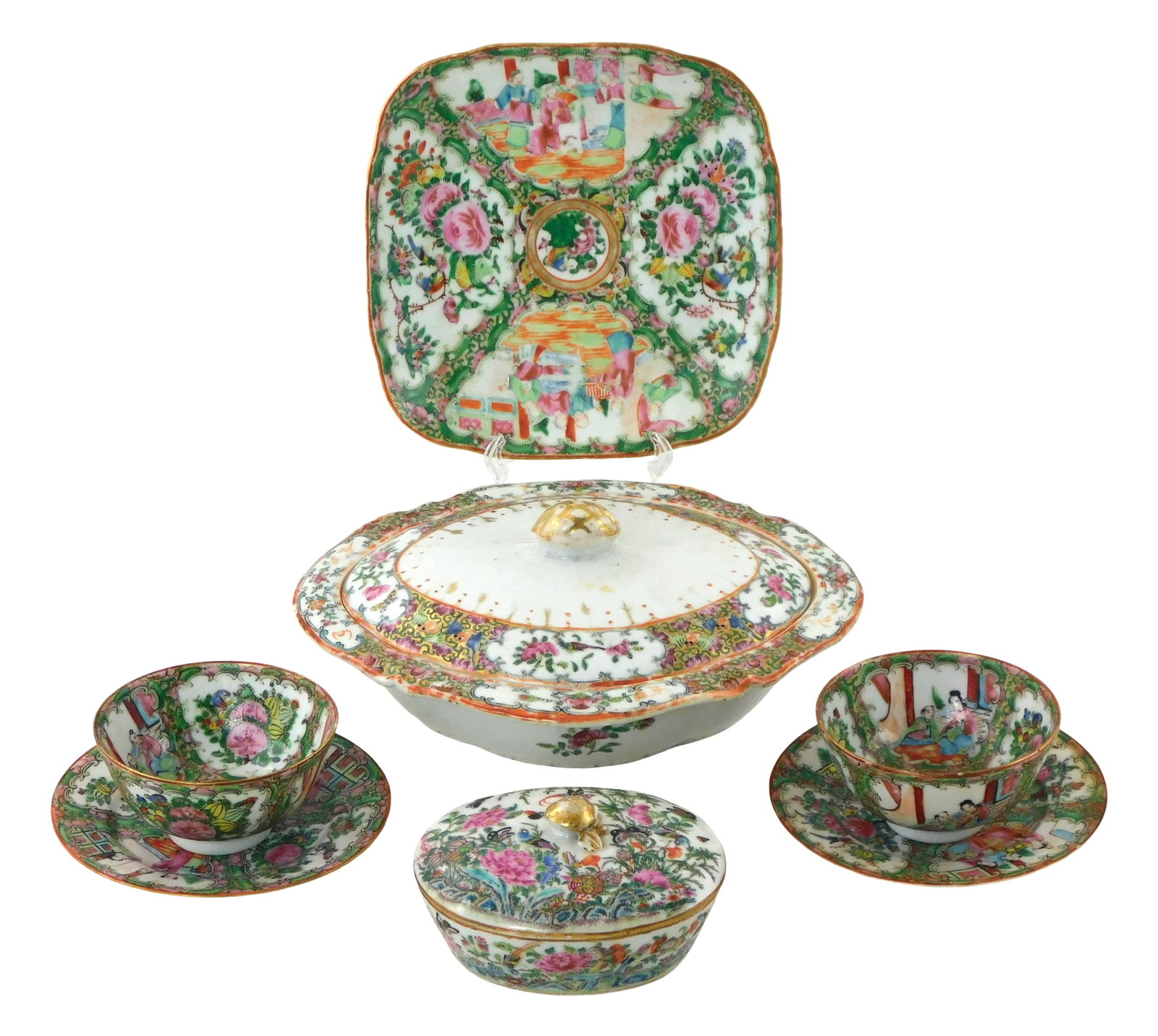 ASIAN: Chinese Export porcelain with Famille Rose decoration, 19th- 20th C., seven pieces, (1 of 3)