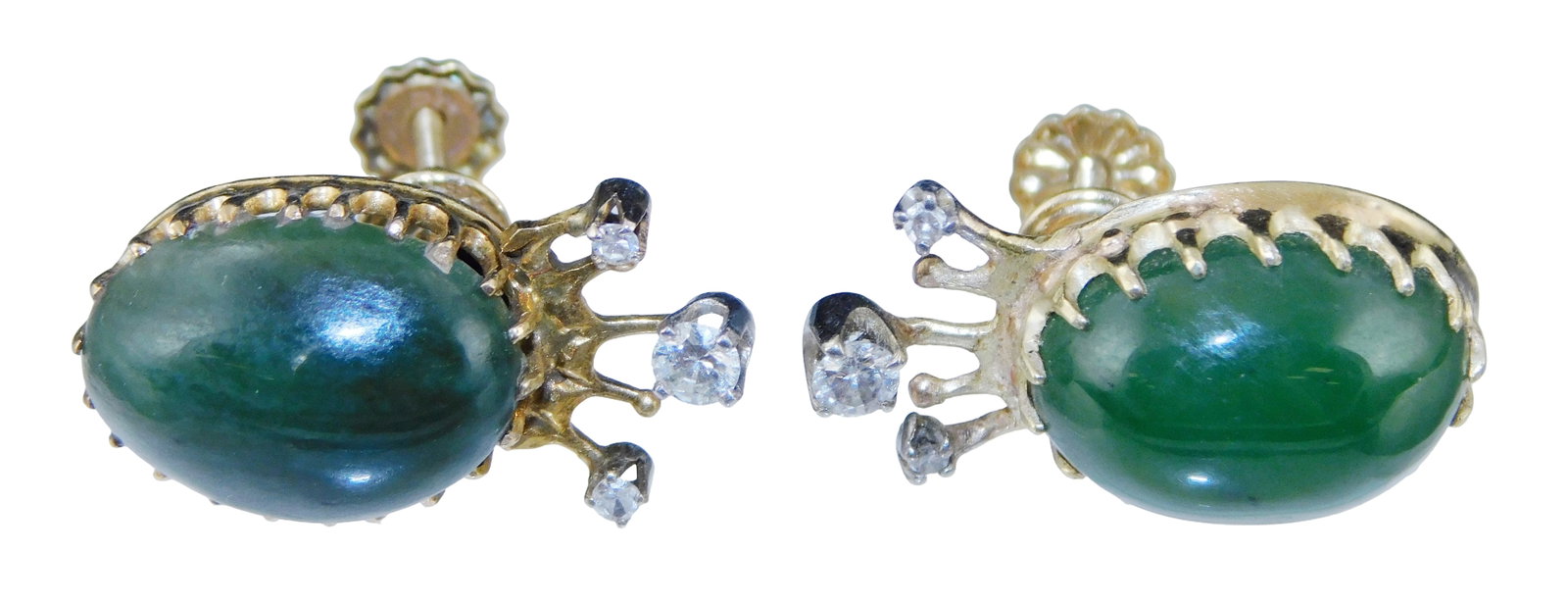 JEWELRY: 14K Nephrite Jade and Diamond Earrings, non-pierced, stamped and tested "14K" yellow gold,: JEWELRY: 14K Nephrite Jade and Diamond Earrings, non-pierced, stamped and tested "14K" yellow gold, French screw backs, multi-prong center setting with three four-prong white gold crowns, maker's mark