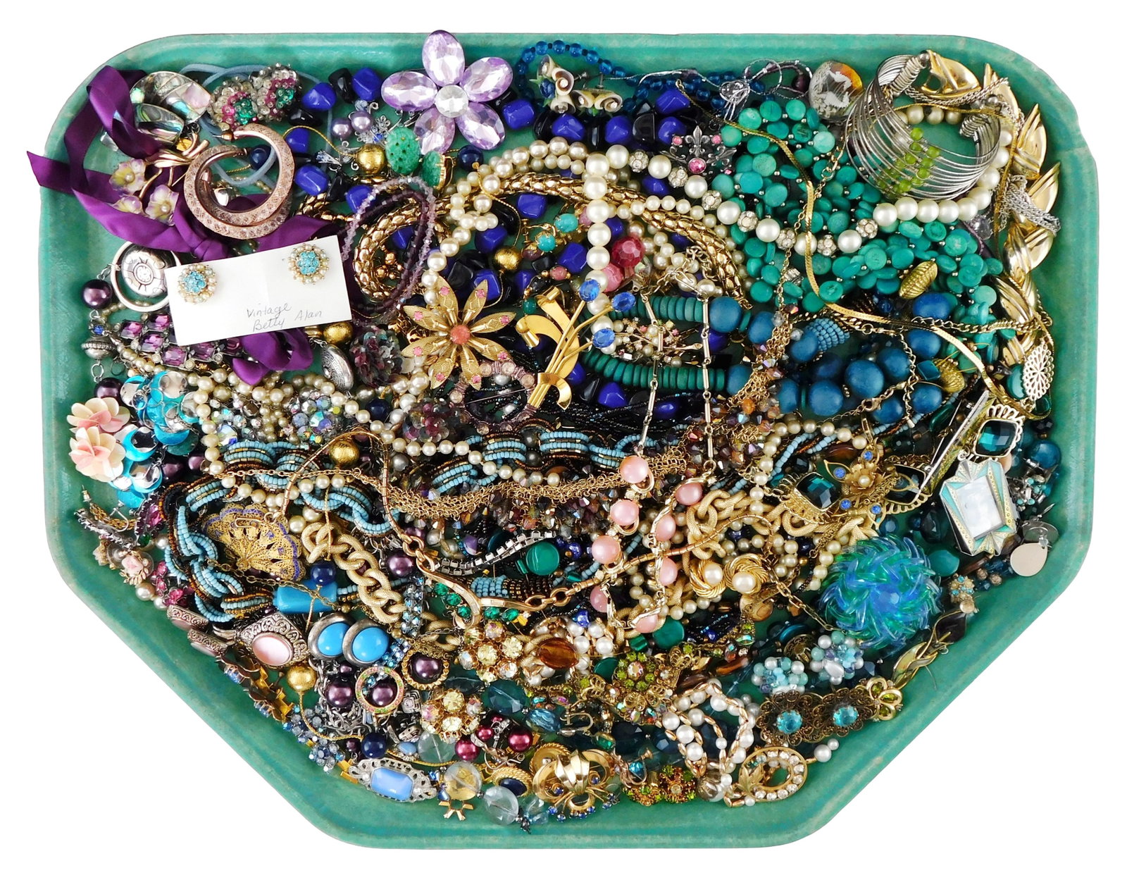 COSTUME JEWELRY: Trifari, Coro, Marvela, Monet, Betty Alan, etc., 55+ Pieces, many signed and/ or: COSTUME JEWELRY: Trifari, Coro, Marvela, Monet, Betty Alan, etc., 55+ Pieces, many signed and/ or with blue, turquoise, green, pink and lavender colored stones, items of interest include Trifari neckl