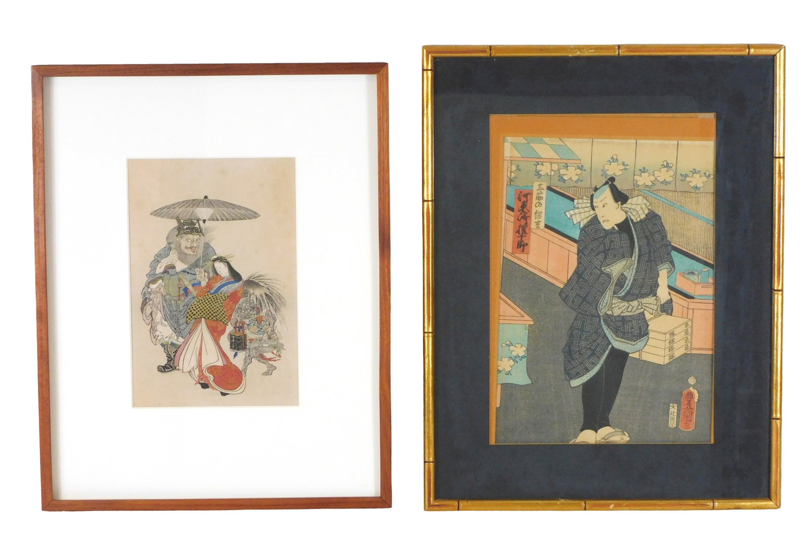 ASIAN: Two Japanese woodblock prints, including: Kyosai Kawanabe (Japanese, 1831-1889), "Beauty and: ASIAN: Two Japanese woodblock prints, including: Kyosai Kawanabe (Japanese, 1831-1889), "Beauty and Shoki", color woodblock print, no marks or signatures viewed, areas of foxing, toning, loose in fram