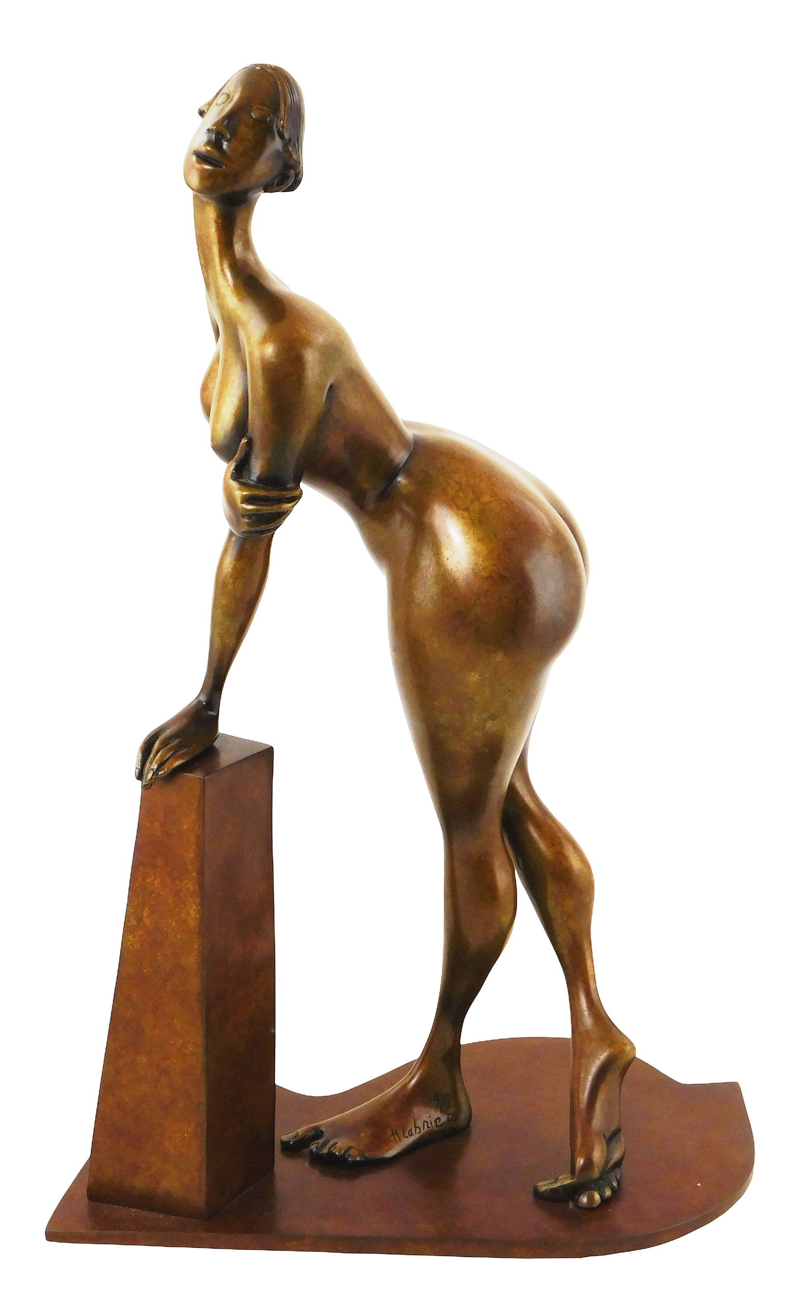 SCULPTURE: Hélène Labrie (Canada, b. 1956), "Points D'Appui", bronze, nude woman stands: SCULPTURE: Hélène Labrie (Canada, b. 1956), "Points D'Appui", bronze, nude woman stands leaning forward on tall block with crossed legs, edition 5 of 8, incised signature at base on one foot