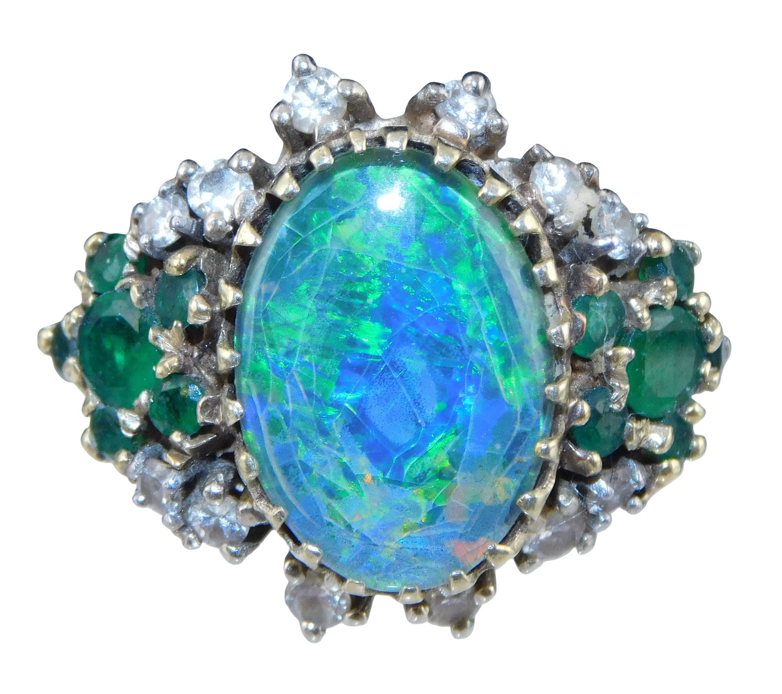 JEWELRY: 14K Opal Doublet, Emerald and Diamond Ring, setting tested 14K yellow gold, split shoulders: JEWELRY: 14K Opal Doublet, Emerald and Diamond Ring, setting tested 14K yellow gold, split shoulders with multi-prong settings, ring size: 5 1/2;Total weight: 7.8 grams; Center set with one oval caboc