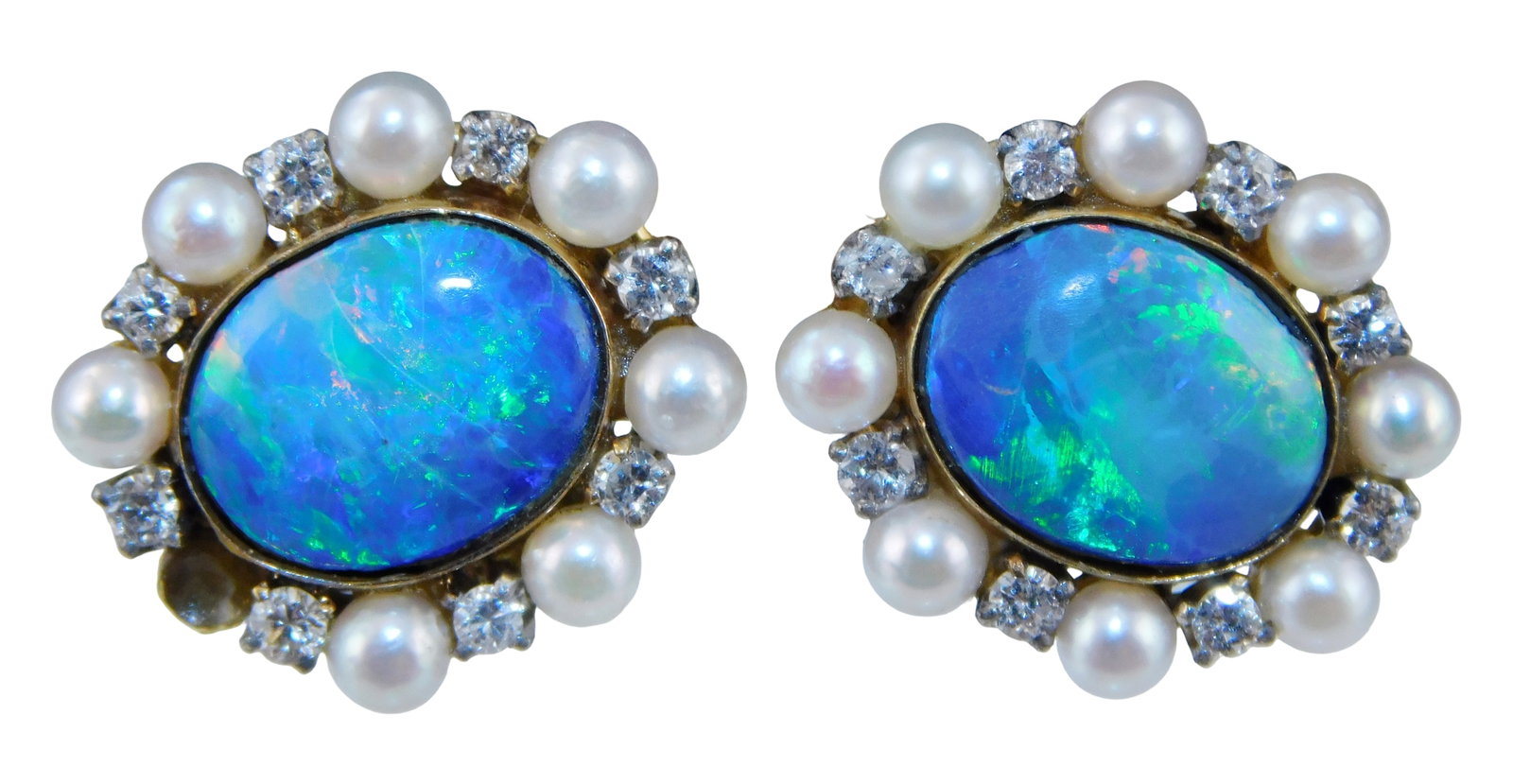 JEWELRY: 14K Opal Doublet, Pearl and Diamond Earrings: Non-pierced, stamped and tested "14K" yellow: JEWELRY: 14K Opal Doublet, Pearl and Diamond Earrings: Non-pierced, stamped and tested "14K" yellow gold, French screw backs, center bezel setting; Total weight: 6.4 grams; Center of each set with one