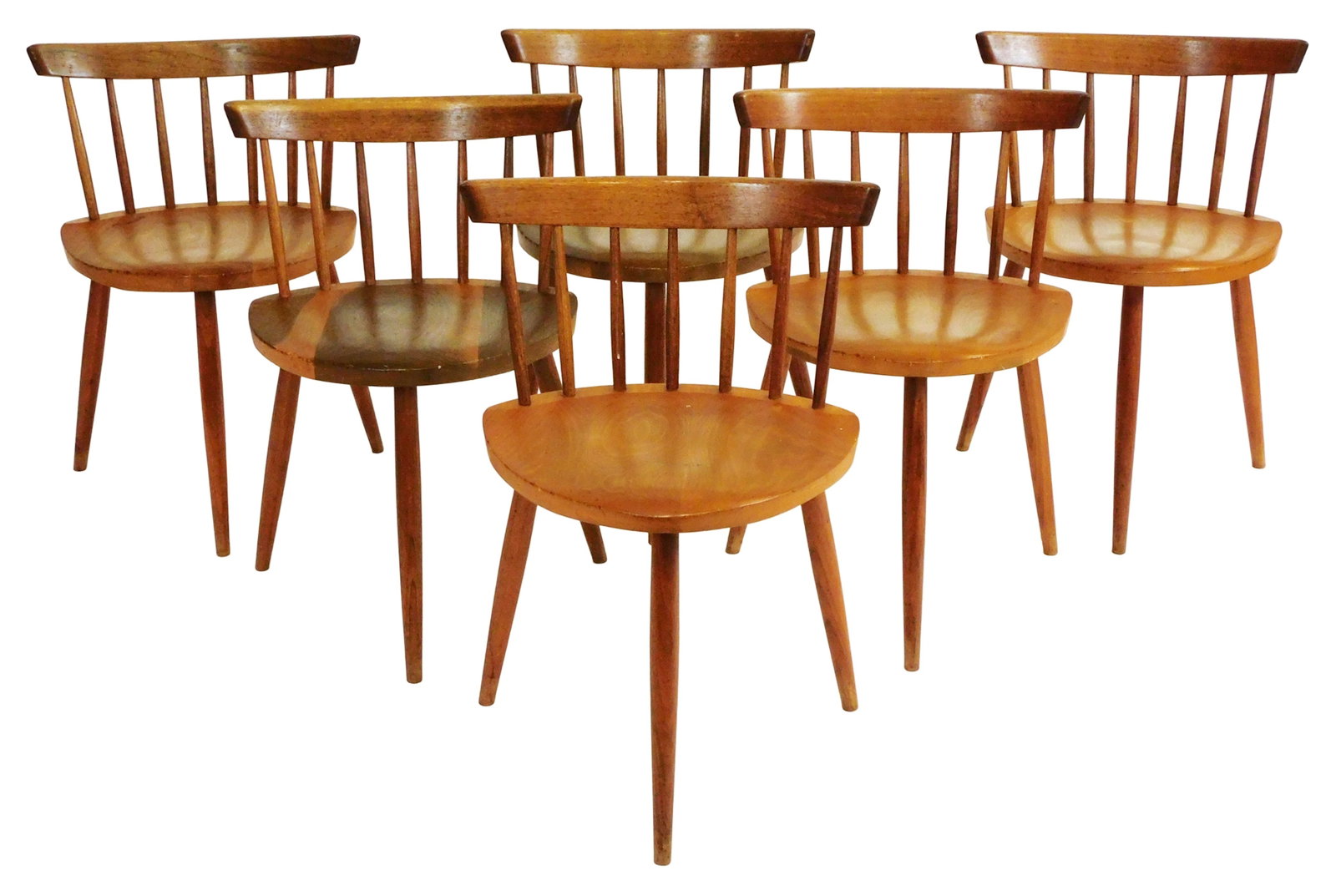 +George Nakashima (American, 1905-1990) six "Mira" chairs, 1956/ 57, American black walnut with (1 of 7)