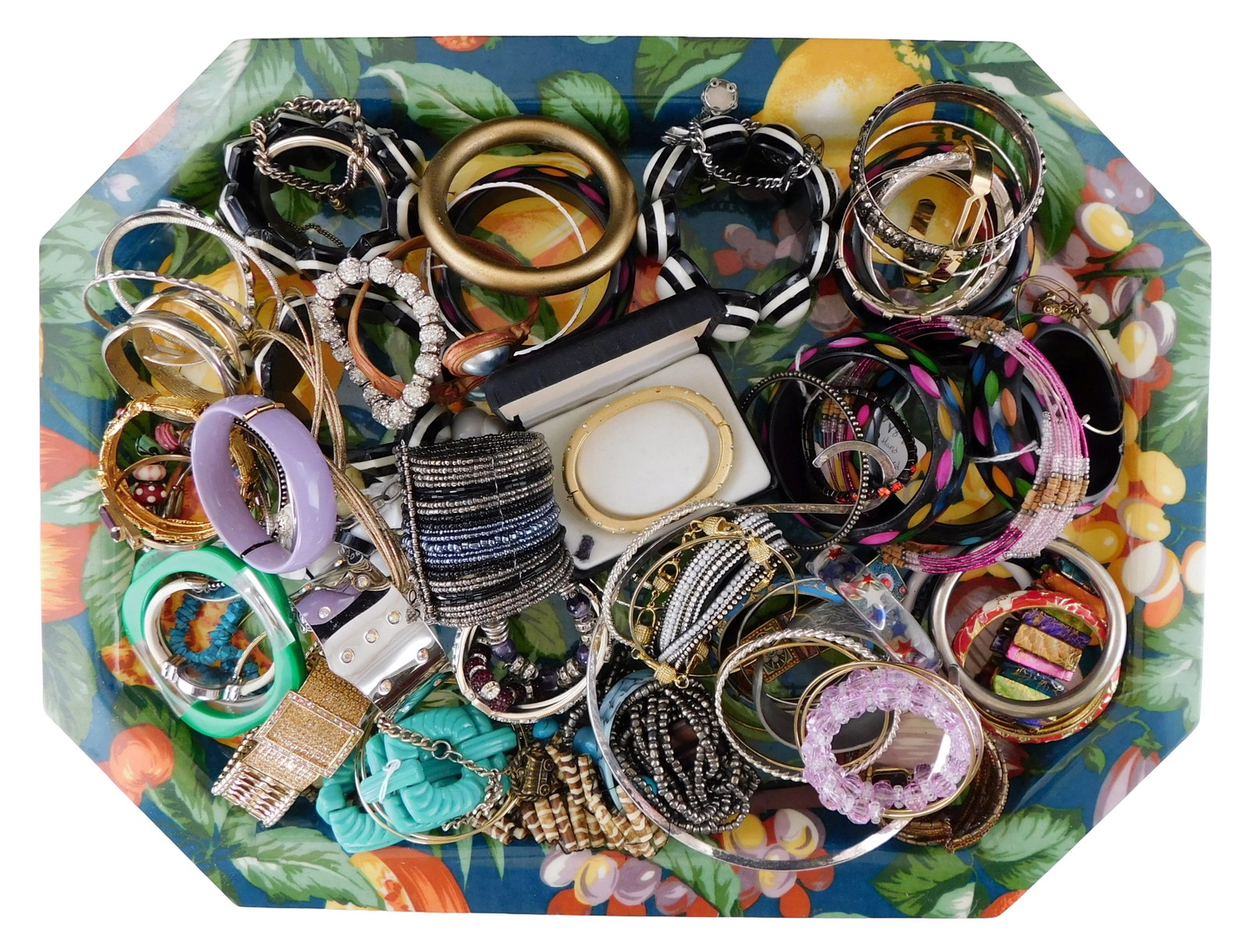 COSTUME JEWELRY: 50+ Bracelets, many Mid-Century Modern style and/ or Bakelite type, bangles, cuffs, (1 of 2)