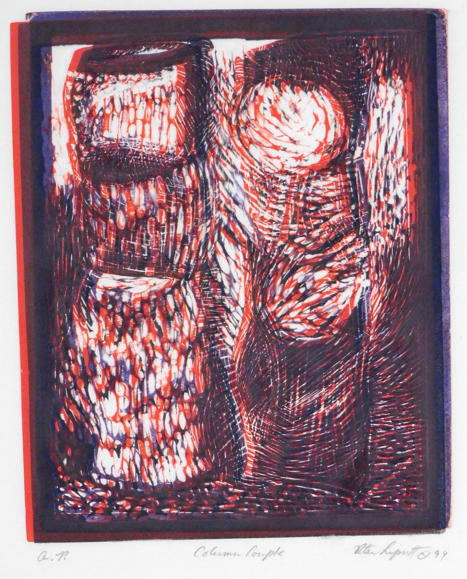 Peter Lipsitt (American, b. 1940), "Column Couple", 1994, color etching, Modernist geometric (1 of 4)