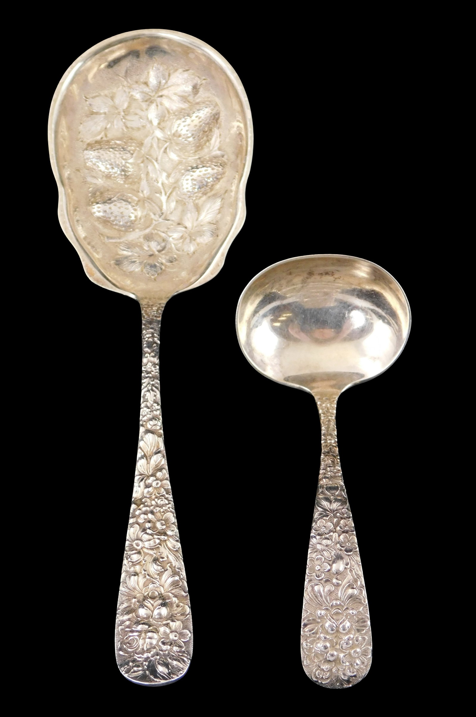 STERLING: Stieff "Rose" pattern repousse berry spoon and small ladle, both hallmarked on reverse, (1 of 3)